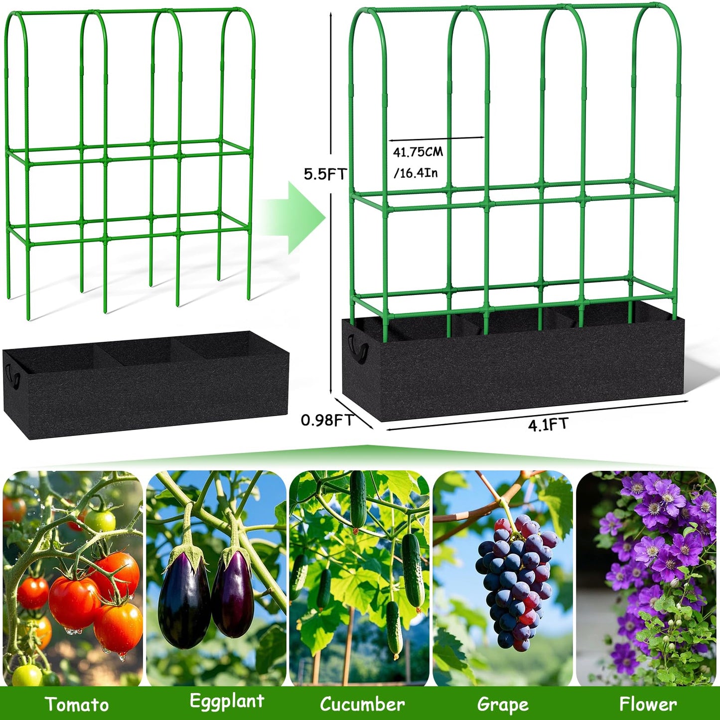 Srapwati 65"H x 50"W Cucumber Trellis with Grow Bag & Netting, U-Frame Metal Plant Support, Heavy-Duty Steel & Plastic, Green & Black, Rectangular, Climbing Plant Support Structure
