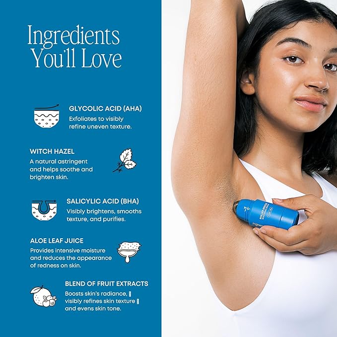 Bushbalm Roller Rescue Ingrown Hair Serum, Includes AHA and BHA - Exfoliating, Soothing, Cooling for Intimate Areas, Underarms - Helps With Razor Bumps and Ingrown Hairs, Blue 50 ml