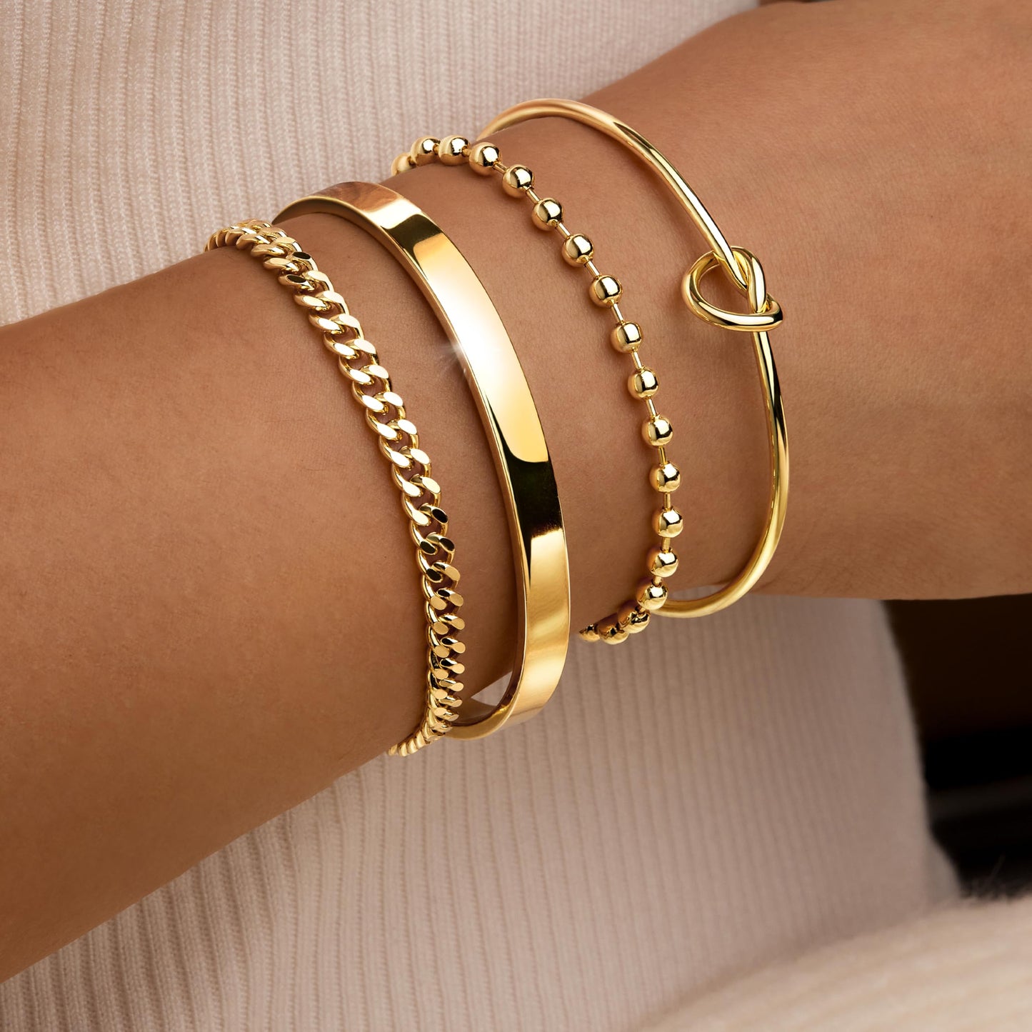 Gold Stack Bracelet for Women, 14k Gold Filled Bangle Cuff Bracelet Stack Dainty Jewelry for Women, Stretch Beaded, Love Knot Cuff, Cuban Chain