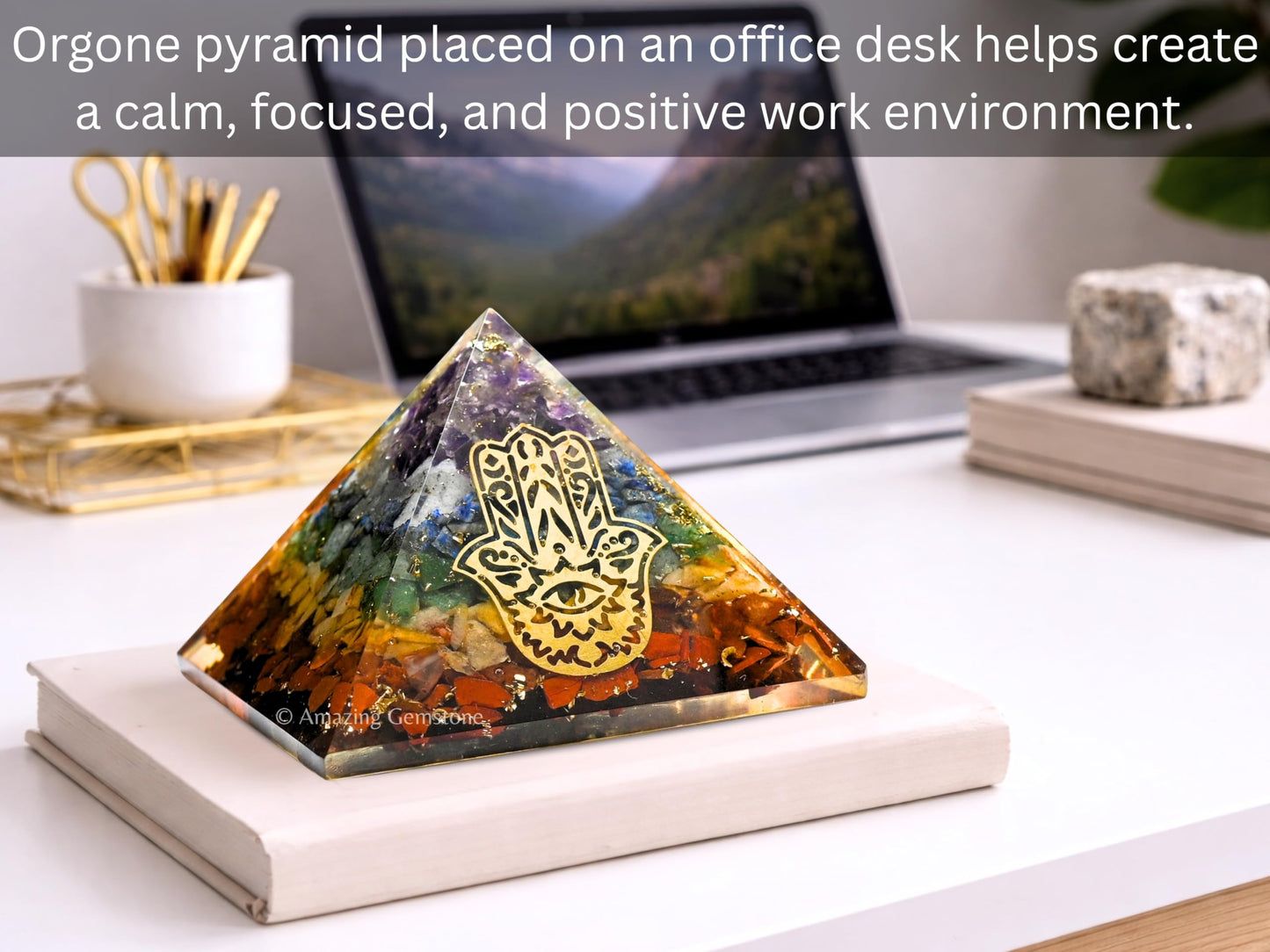 Amazing Gemstone Large Orgone Pyramid | Natural Chakra Pyramid Crystal | Hamza Hand Evil Eye Orgonite Pyramid | Organ Pyramids Positive Energy Healing