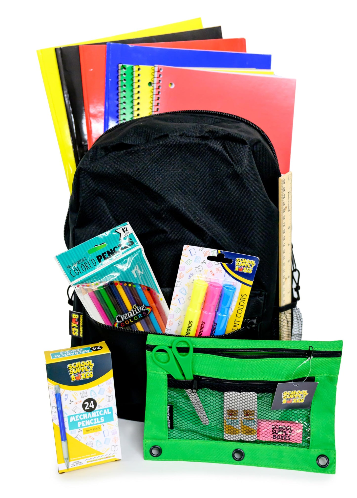 School Supply Boxes | 17" Solid Black Backpack Bundle for Intermediate School | Back to School Bookbag with Supplies | Contains Pencil Pouch, Notebooks, Highlighters, Mechanical Pencils, & More