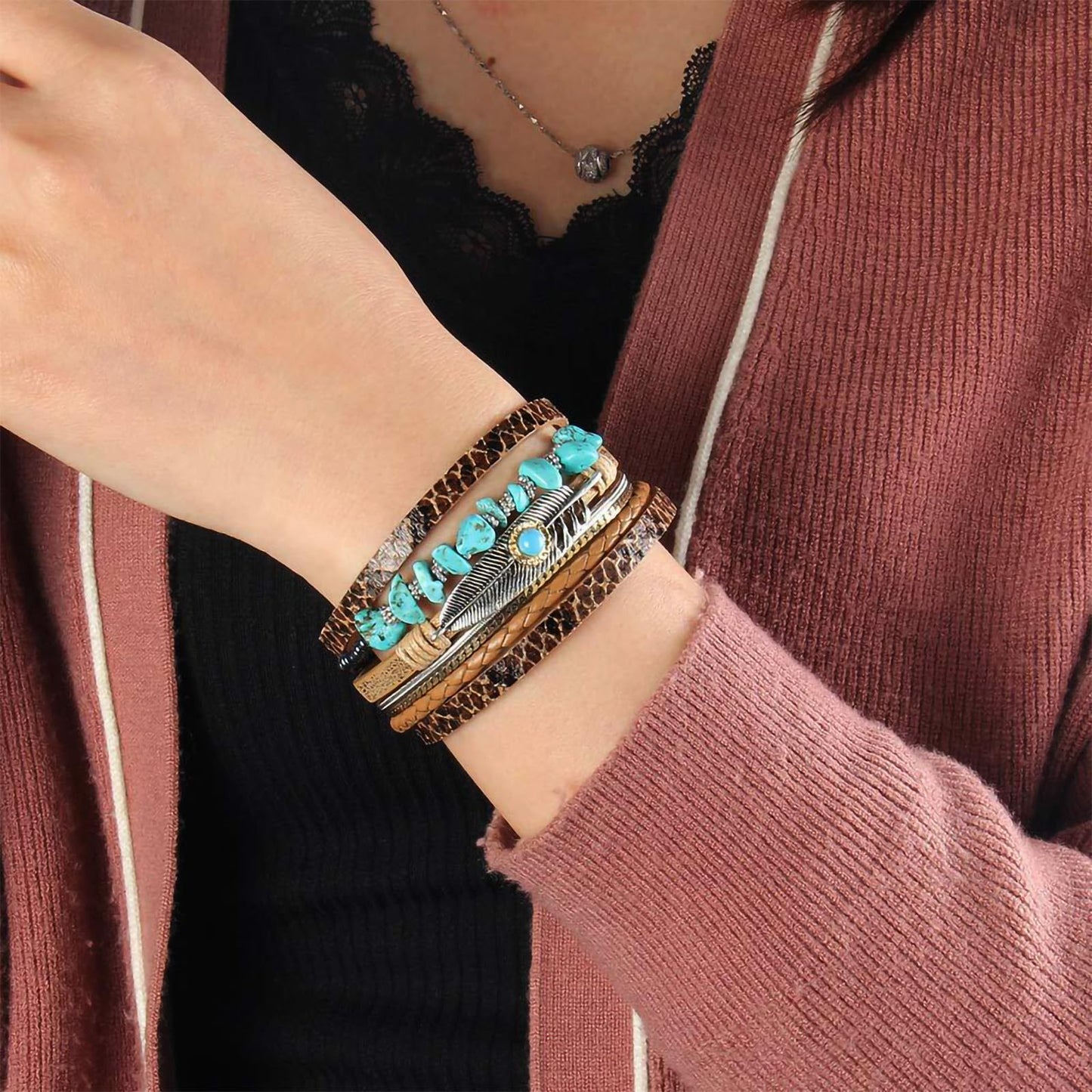 Leopard Bracelet for Women, Boho Leather Wrap Multi-Layer Pearl Crystal Bracelet Bangle Jewelry (Feather(Brown))