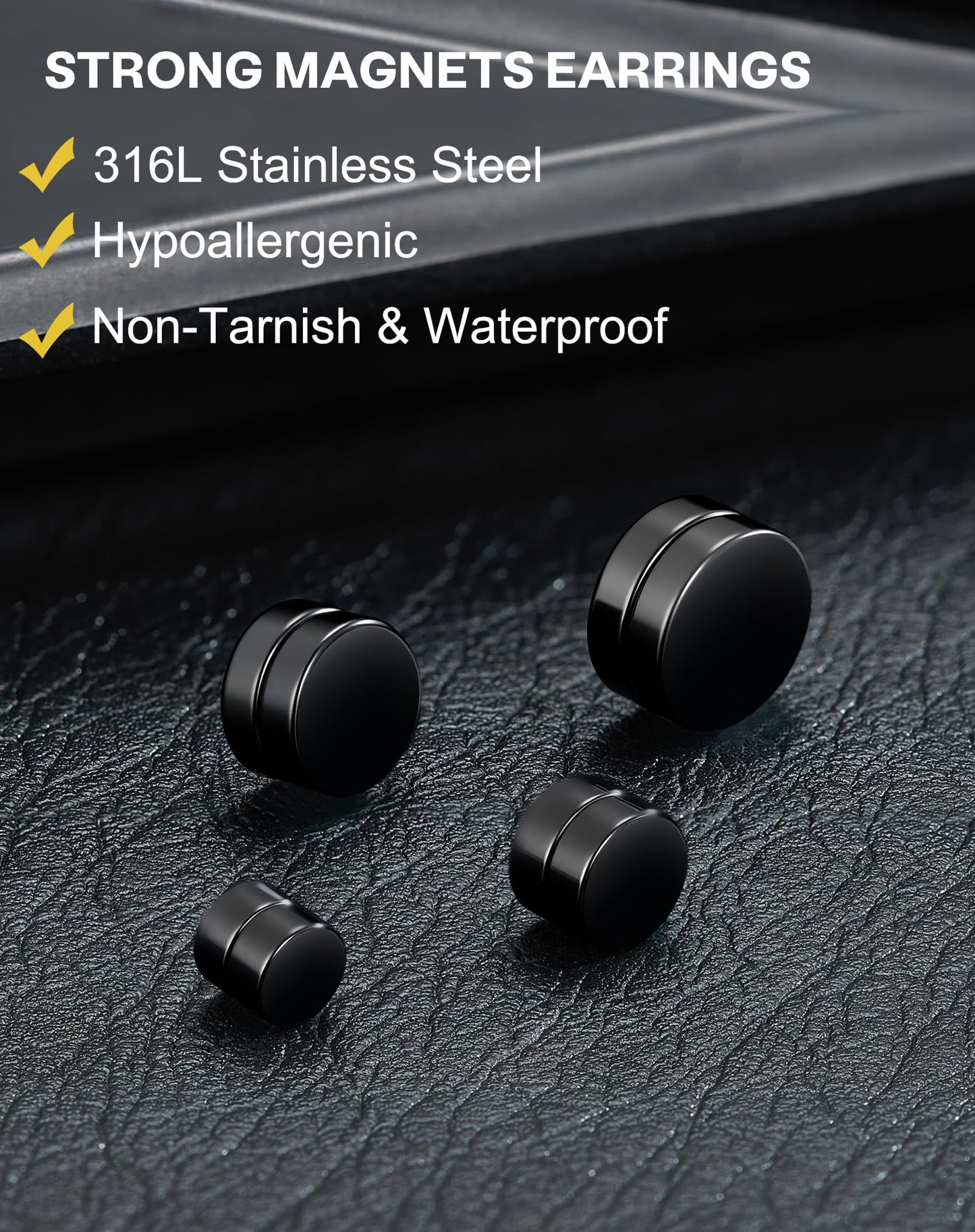 SIISPRI 4-5 Pairs 6-12mm Black Stainless Steel Magnetic Fake Gauges Earring Studs for Men Women Non Pierced Earrings,Hypoallergenic (Black(6-12mm 4 pairs))
