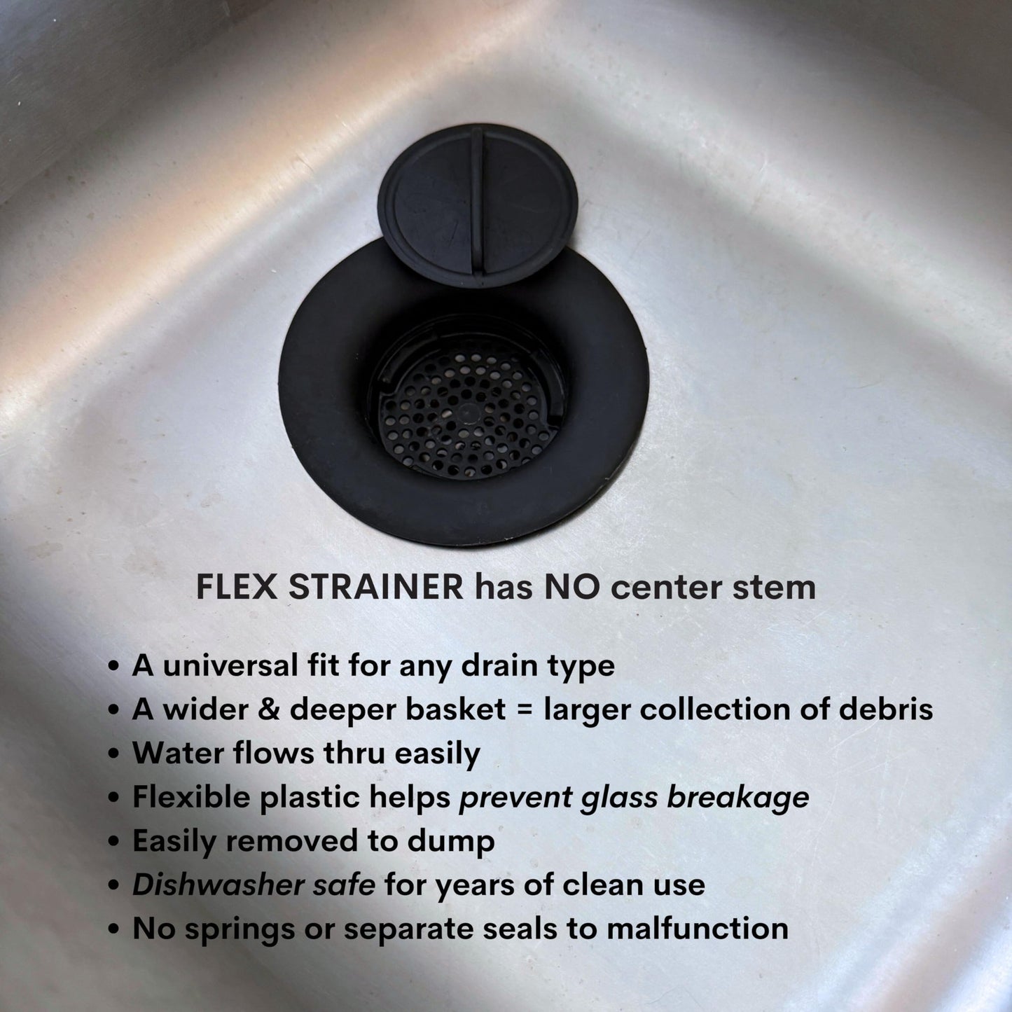 Flex Strainer® Sink Drain Strainer with Optional Stopper – No Center Stem, Fits Standard 3½” Sink Drains & Disposals – Easy Clean, Dishwasher Safe – Made in USA – Black, 2-Pack