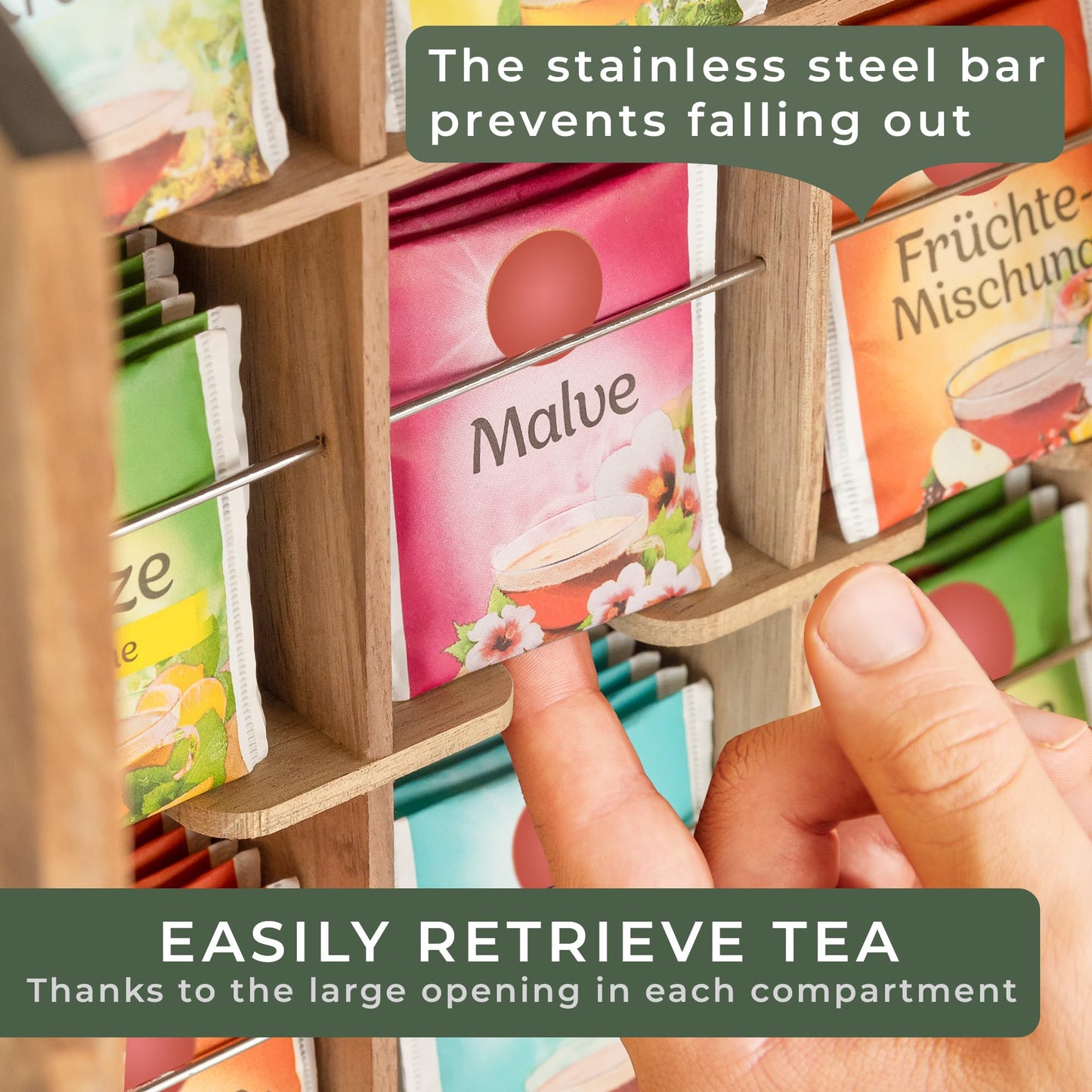 WALDWERK Tea Storage Organizer (9 Compartments) - Tea Organizer Made of Solid Acacia Wood - Tea Box with Wall Mounting Option - Tea Organizer and Storage - Tea Bag Holder - Plastic Free Tea Holder
