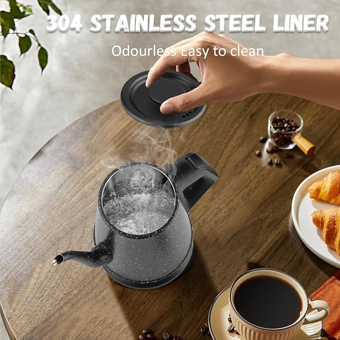 Gooseneck Electric Kettle 1.0L, 1000W Quick Heat-Up In 3 Min, 100% Stainless Steel Tea Kettle, Pour Over Coffee Kettles For Office/Travel/Kitchen, Auto Shut-Off Protection, Black Star Design, BPA-Free