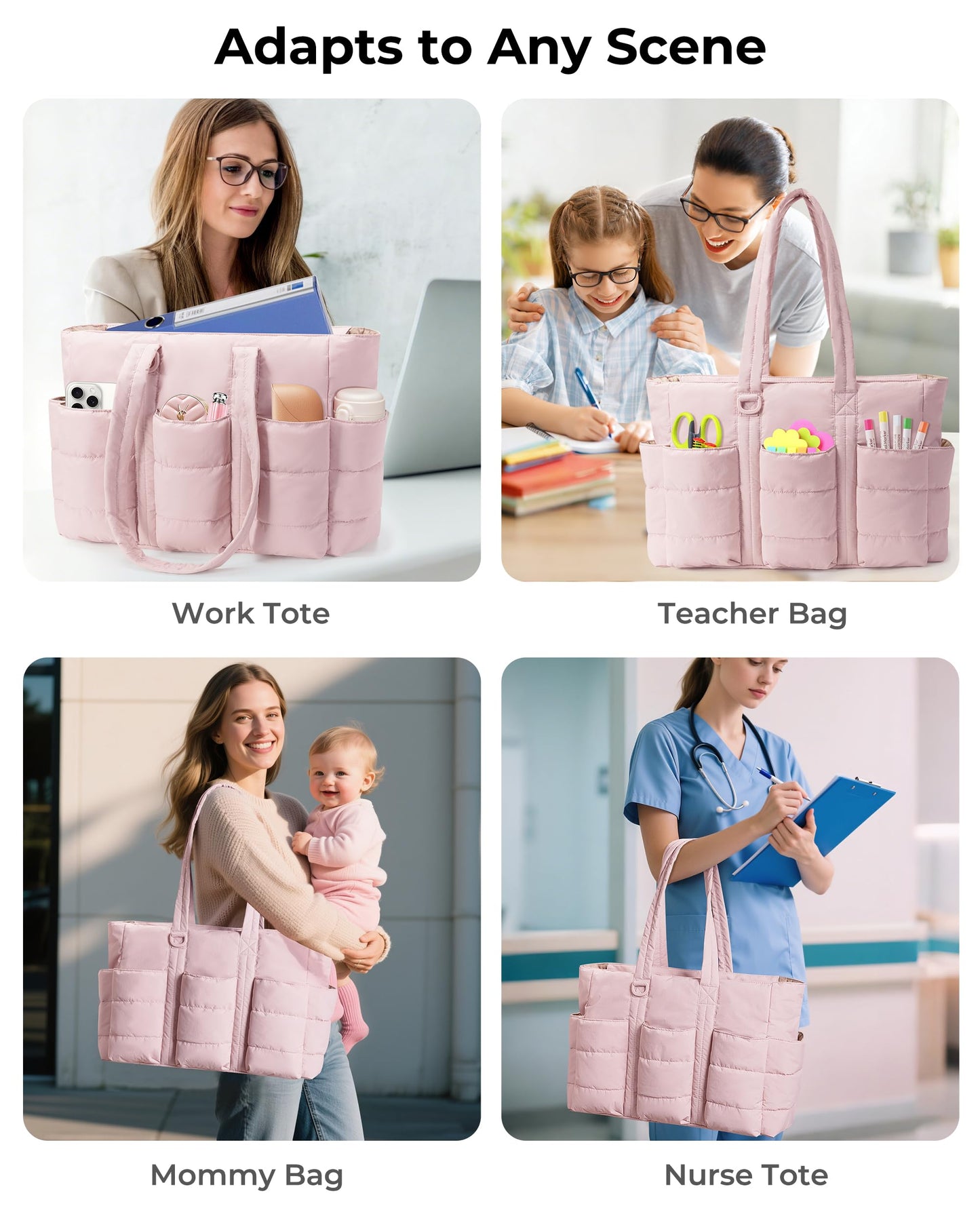 Fasrom 2PCS Nurse Tote Bag Bundle for Work, Structured Clinical Bag and Lightweight Puffer Nursing Tote, Multi-Pocket Nurse Bags for Nurses, Nursing Students, Home Health Care, Black+Pink