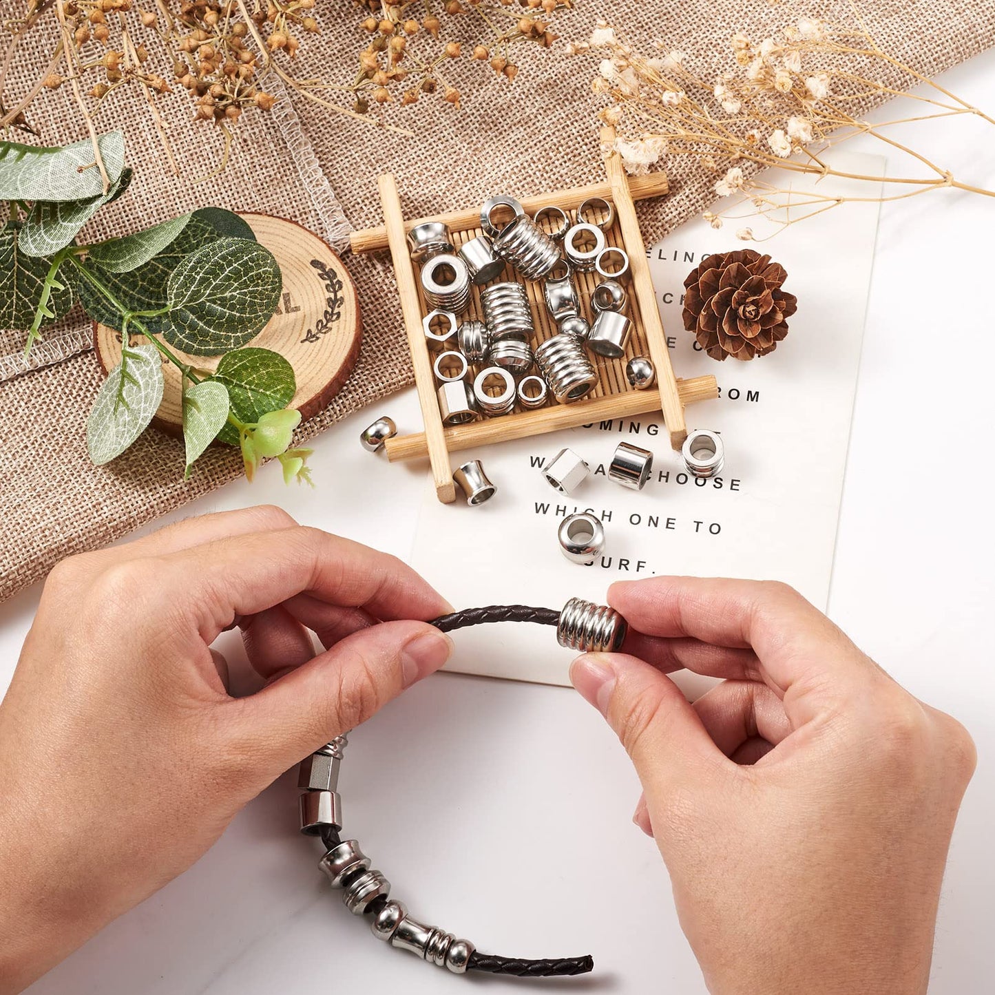 Fashewelry 50pcs Column Rondelle European Beads Large Hole Stainless Steel Loose Beads Assorted Tube Drum Spacer Finding Beads for Macrame Braided Necklace Choker Bracelet Earring Making