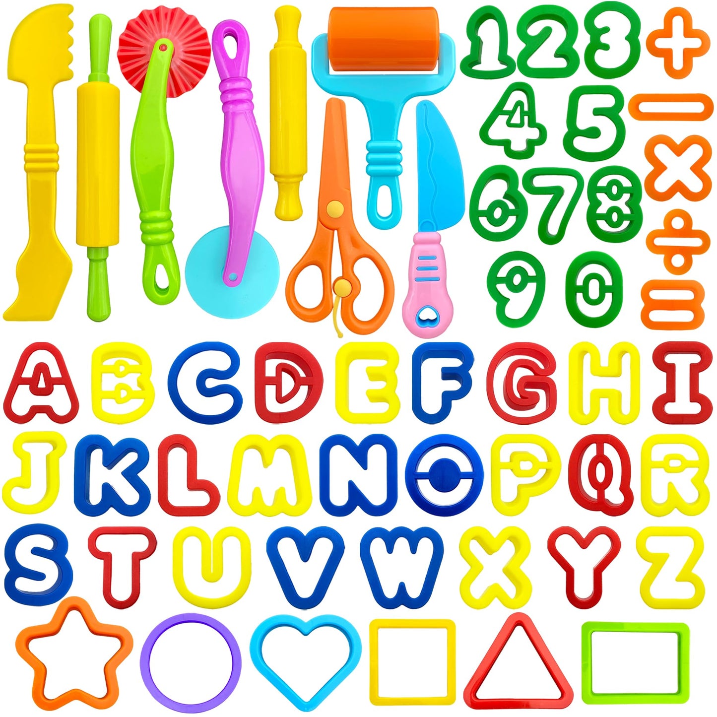 iShyan Dough Tools 55 PCS Dough Play Tools Set for Kids, Plastic Alphabet Numbers Shapes Cutters, Rollers, Scissors
