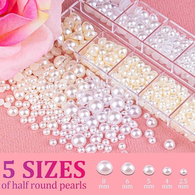 Belleboost Flat Back Pearls Kits 1 Box of Flatback White&Beige Half Round Pearls with Pickup Pencil and Tweezer for Home DIY and Professional Nail Art, Face Makeup and Craft