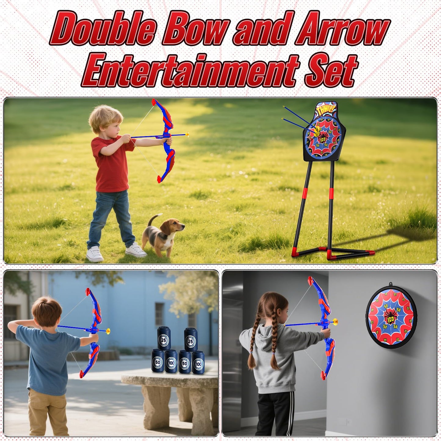 Motivekit Spider Bow and Arrow Set for Kids, 2 Pack Led Archery Set, Bow Arrow Set with 20 Suction Cup Arrows, Target with Stand & 6 Target Cans, Birthday Gift Bow and Arrow Set for Kids 4-6