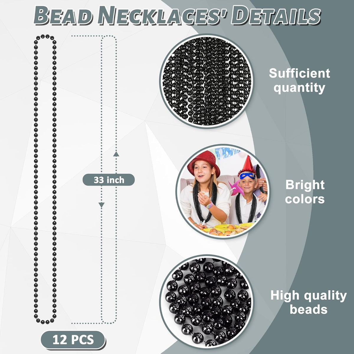 Black Beads Necklace, 100PCS Halloween Black Necklaces Stuff Accessories, 33" Mardi Gras Beads Costume, Festival Parade Throw for Halloween Wedding Party Events Supplies Decorations