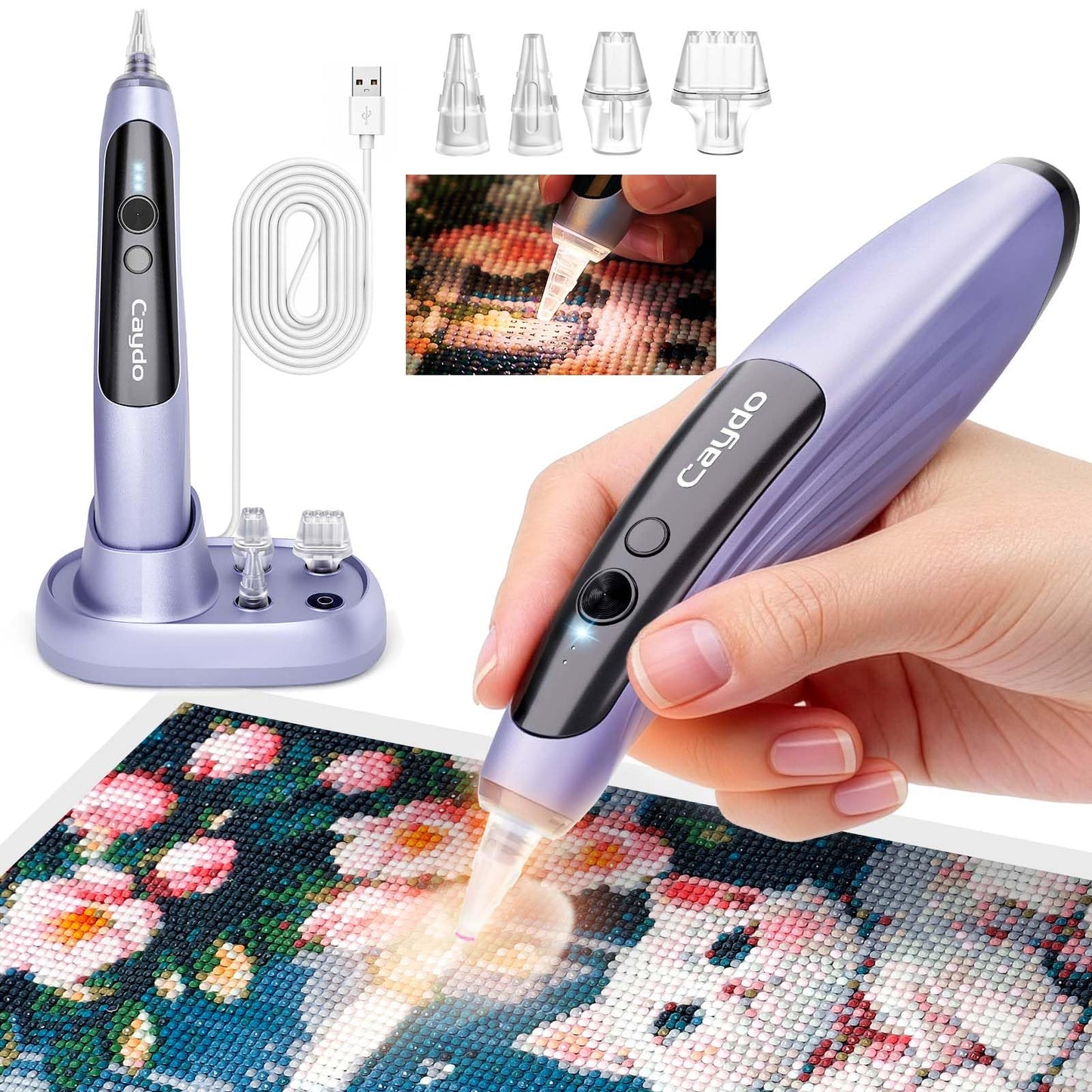 Caydo Electric Diamond Art Pens with Light, Wireless, 3 Adjustable Suction Levels, Rechargeable DiamondPaintingPen with 2-in-1 Base & Replaceable Tips, Diamond Art Kits for Adults, EP4