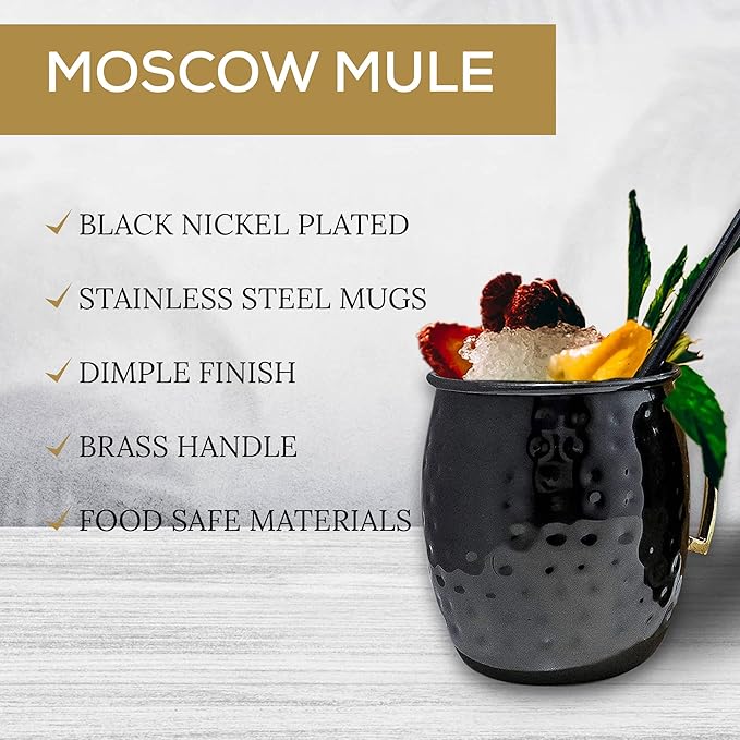 Artisan's Anvil Moscow Mule Mugs with Straws, Comfortable Brass Handle, Stainless Steel Made, Original Hammered Shape, Glossy Black Nickel Plated, Set of 2
