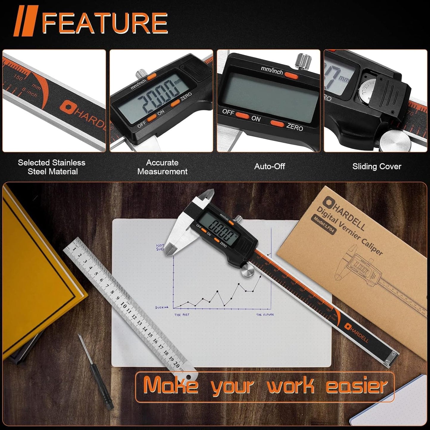 HARDELL Digital Caliper 6 Inch with Large LCD Screen, Calipers Measuring Tool with Auto-Off Feature, Inch/Millimeter Conversion, Electronic Vernier Caliper Micrometer for Jewelers/Woodworkers/DIY