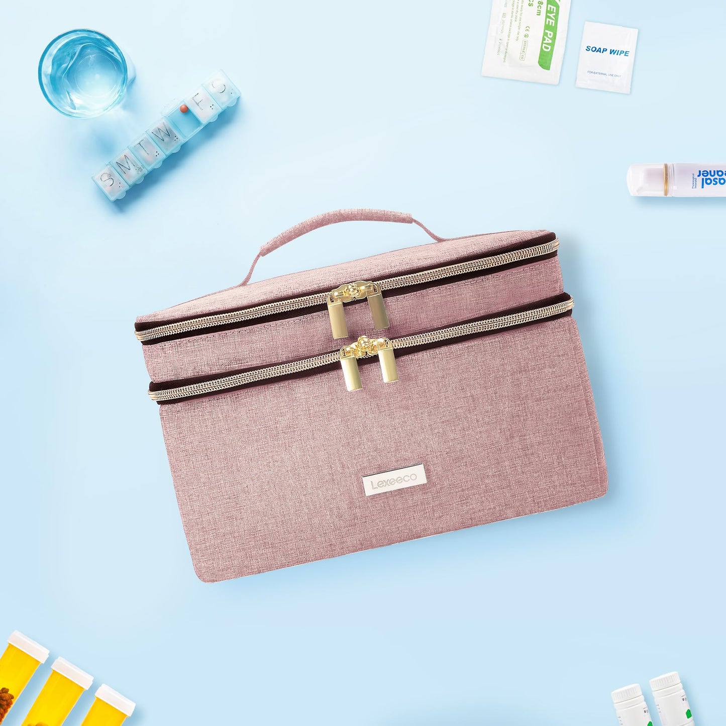 Lexeeco Medicine Storage Bag Pill Bottle Organizer with Portable Small Pouch Travel Medication Bottle Organizer for Emergency Home First Aid Box Kit (Pink)