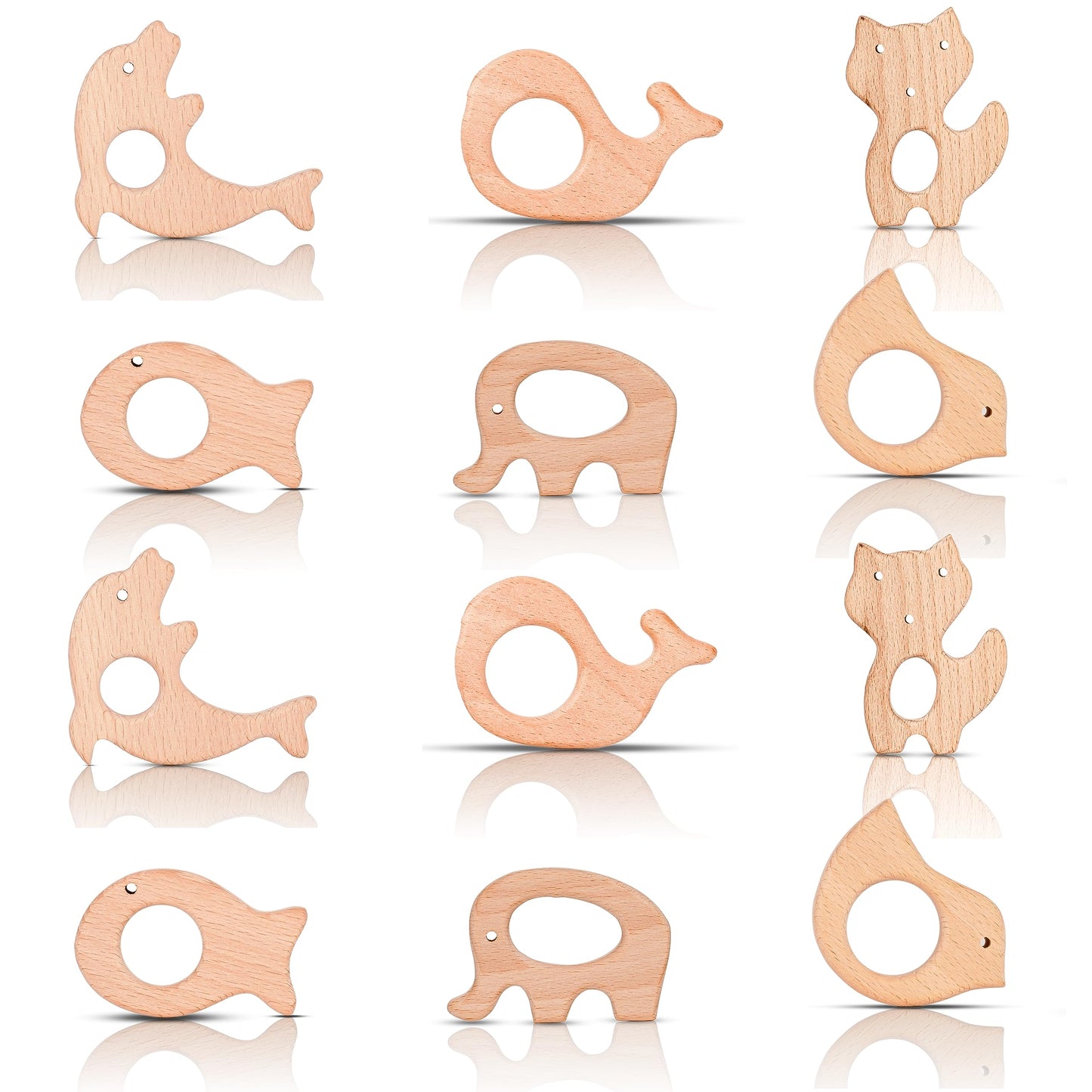 IoF 12 Pcs Teething Toys for Babies, Natural Wooden Teething Rings Baby Teether Chew Toys for Infant Toddler Teethers Crackers Animal Set Pain Relief Handmade Hanging Ring Set Toy