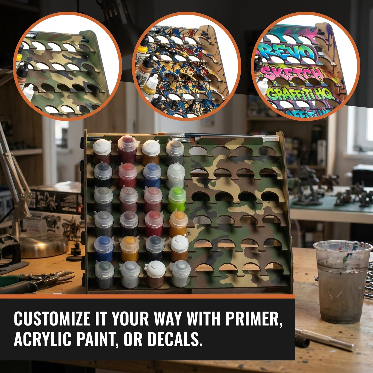 PROSCALE Wall Paint Rack Organizer for Miniatures & Modeling, Vertical Paint Stand with 33mm Pot Holes + Top Brush/Tool Holder, Compatible with Citadel (33mm)