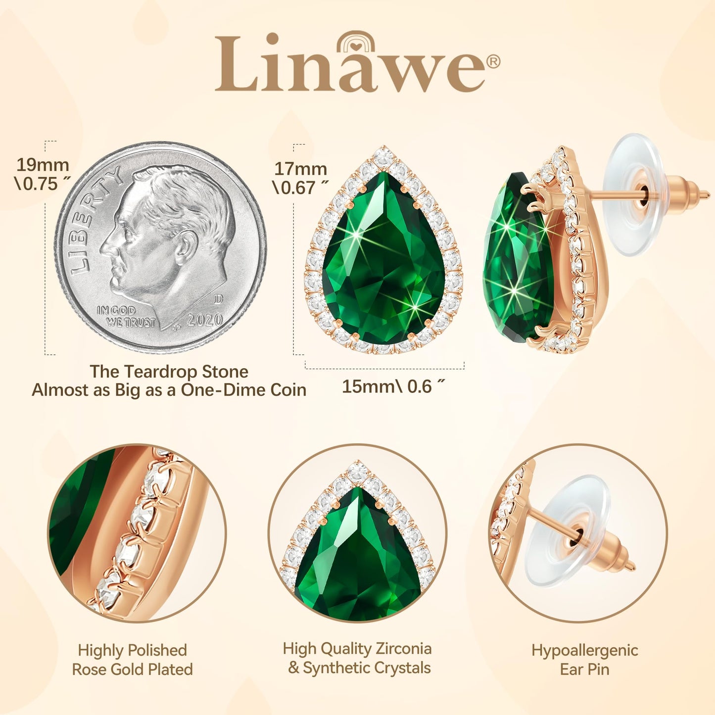 Linawe Emerald Green Imitation Diamond Cubic Zirconia Earrings Studs, Rose Gold Stud Earrings Women, Teardrop Rhinestone Crystal Formal Earring Set, Wedding Bridal Bridesmaid Jewelry