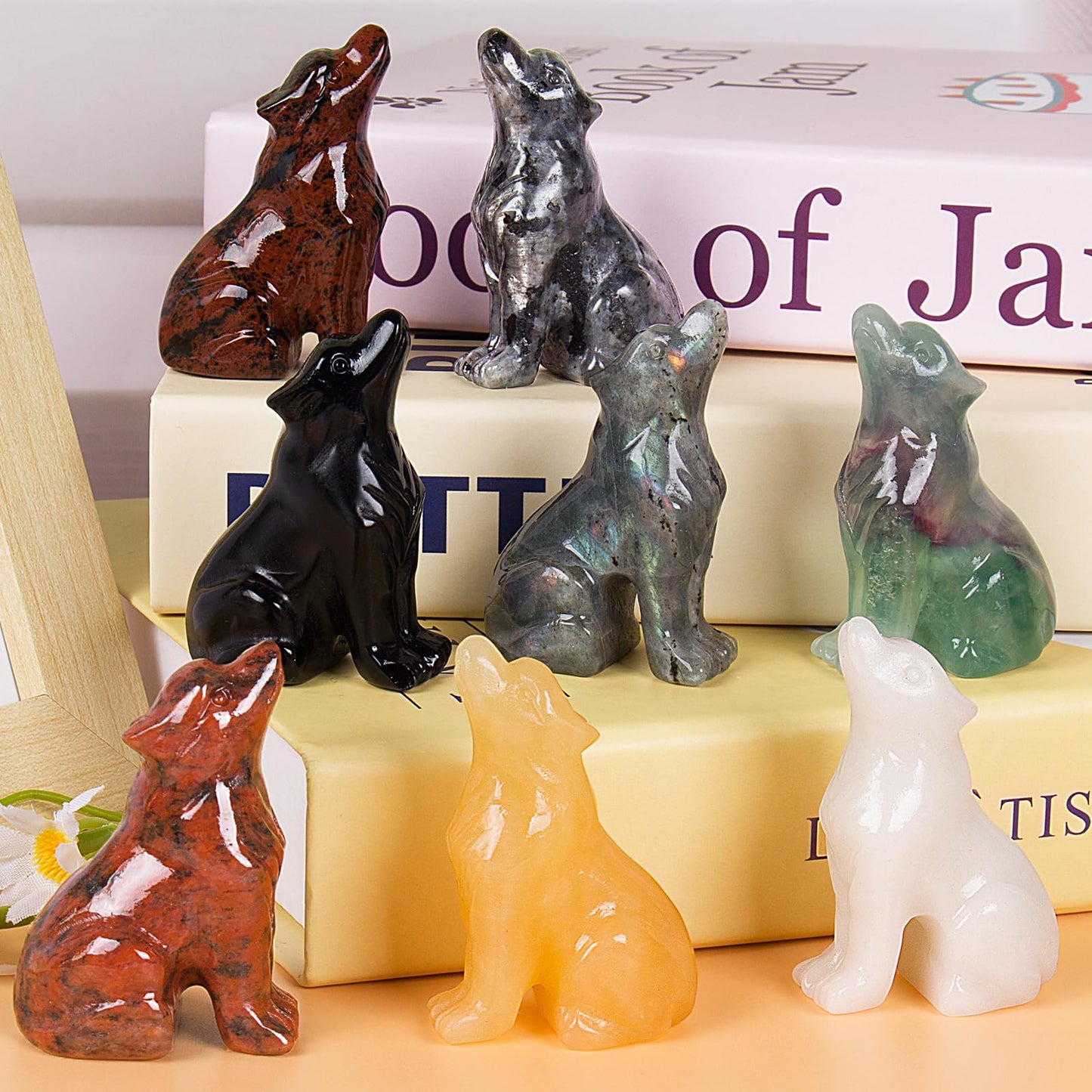Ytbeoxk 2 Inch Shimmer Stone Wolf Crystal Statue Wolf Decor Healing Crystal Wolf Figurines Hand Carved Stone Energy Gemstones for Luck Statue in Home and Office Meditation