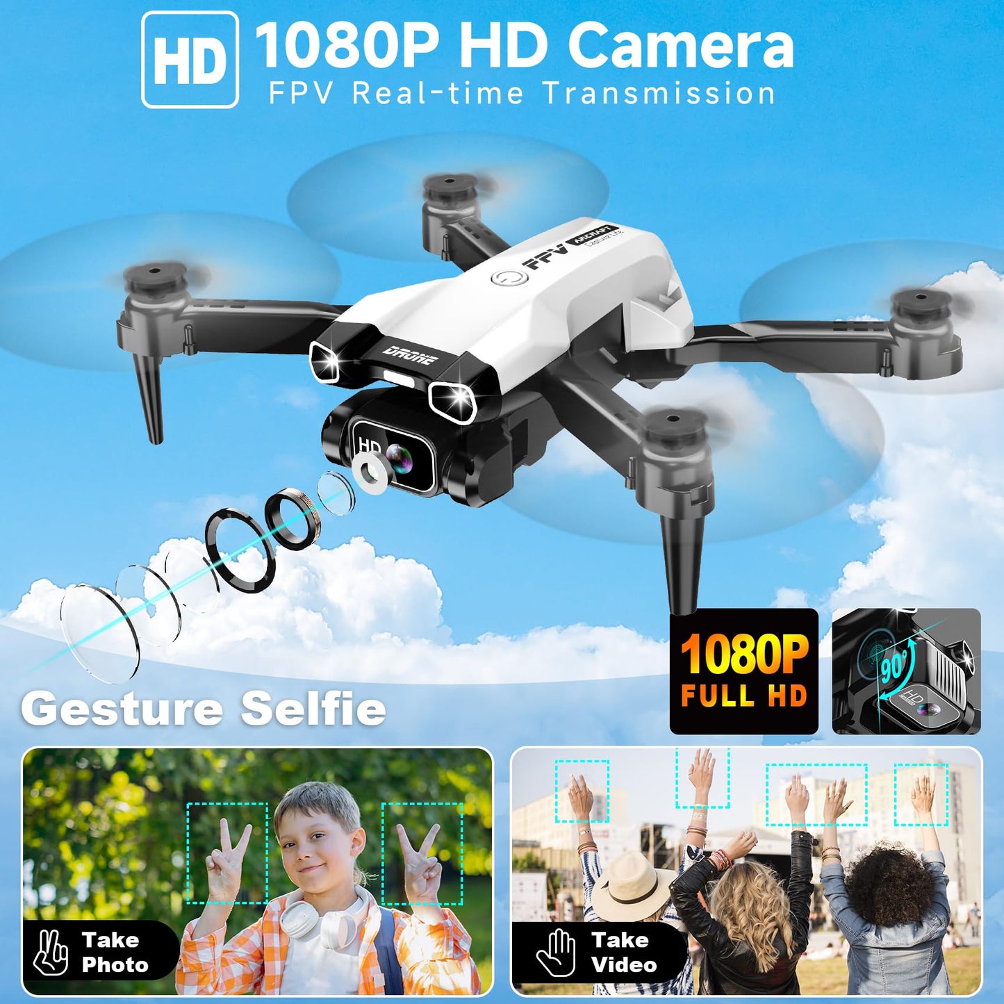1080P Mini Drone with Camera, Drone for Beginners with Light, WiFi Transmission, One Key Start, Gestures Selfie, Waypoint Fly, 3D Flip, Headless Mode and App Control