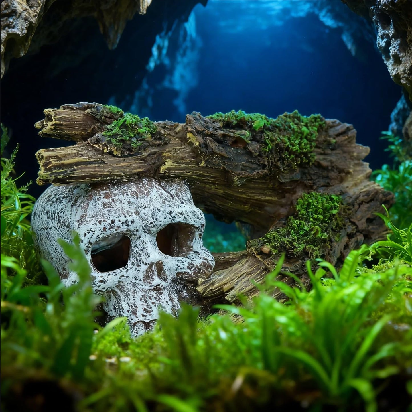 QIYURIDE Fish Tank Decorations, Large Aquarium Decor Accessories with Skull and Driftwood, Bearded Dragon Hideout, Reptile & Amphibian Habitat Hideouts