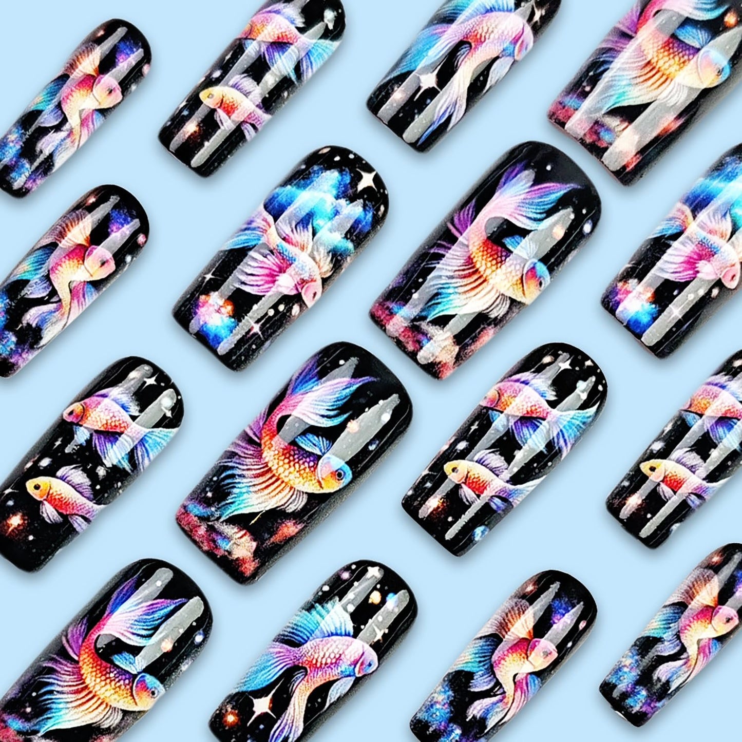 Mermaid False Nails Press on Nails Medium Square Naills Gradient Fish and Starry Sky Design Artificial Coffin Nails Stars Fake Nails Full Cover Stick on Nails Glossy Glue on Nails for Women 24Pcs