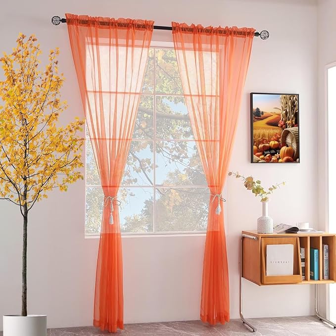 youleyar Solid Sheer Rod Pocket Curtain Voile Draperies 2 Panels White Beige Black Grey Coffee 52 Inch Width 54 Inch Long 1 Pair for Kitchen Bedroom Children Living Room Yard (Orange Red,52Wｘ54L)