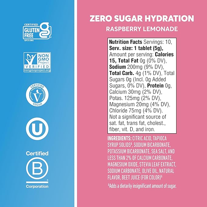 Nuun Zero Sugar Hydration Electrolyte Tablets - Sodium, Potassium, Chloride, Calcium, Magnesium, Light & Delicious Fruit Flavors, No Sugar, Gluten Free, Vegan, Raspberry Lemonade (80 Total Servings)