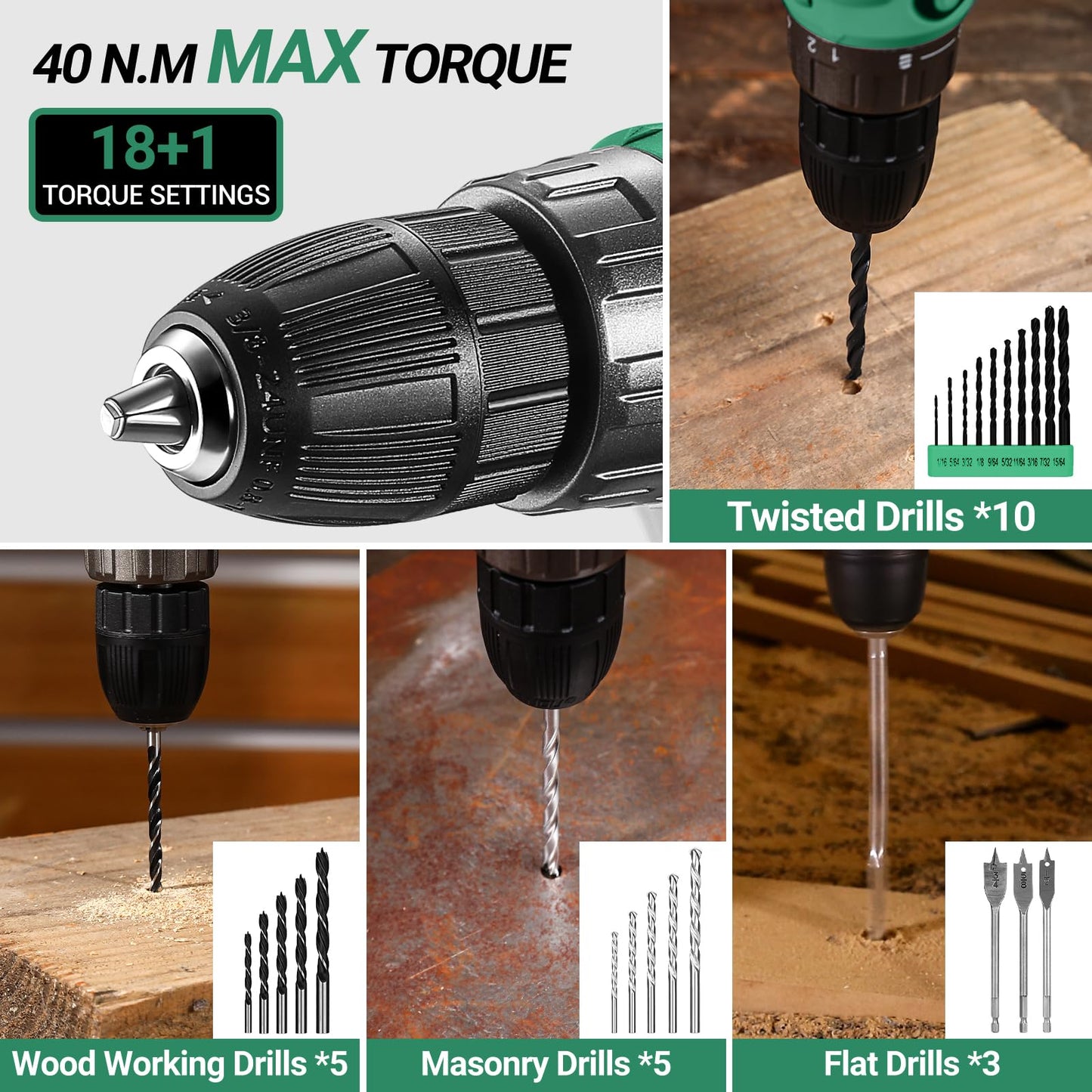 Green Drill Tool Kit Set: 20V Cordless Power Drill Tool Box with Battery Electric Drill Driver for Men Home Hand Repair Basic Toolbox Tools Sets Drills Case