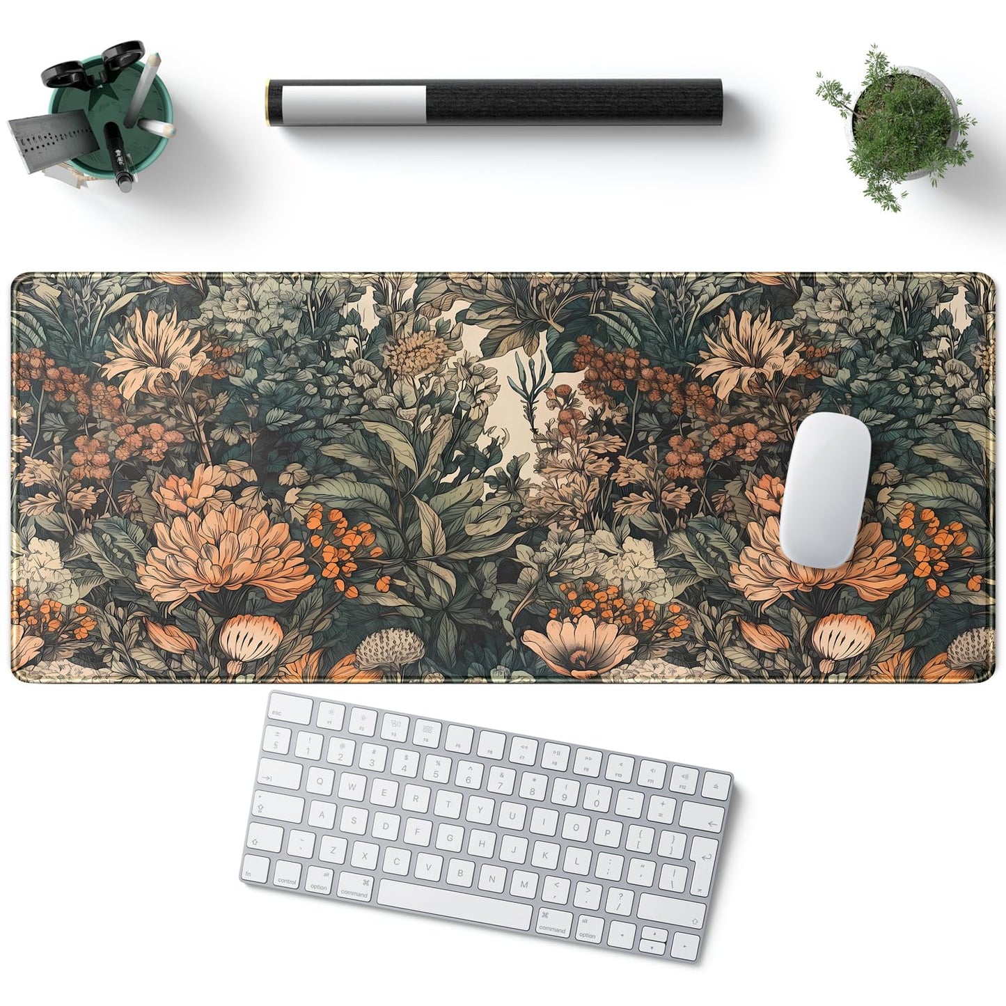 Flower Vintage Desk Pad Aesthetic Desk Mat Flower Mouse Pad Computer Big Mousepad Non-Slip Base Gaming Keyboard Giant Mouse Pad Computer Mat for Laptop Office with Stitched Eges 31.5x11.8 in