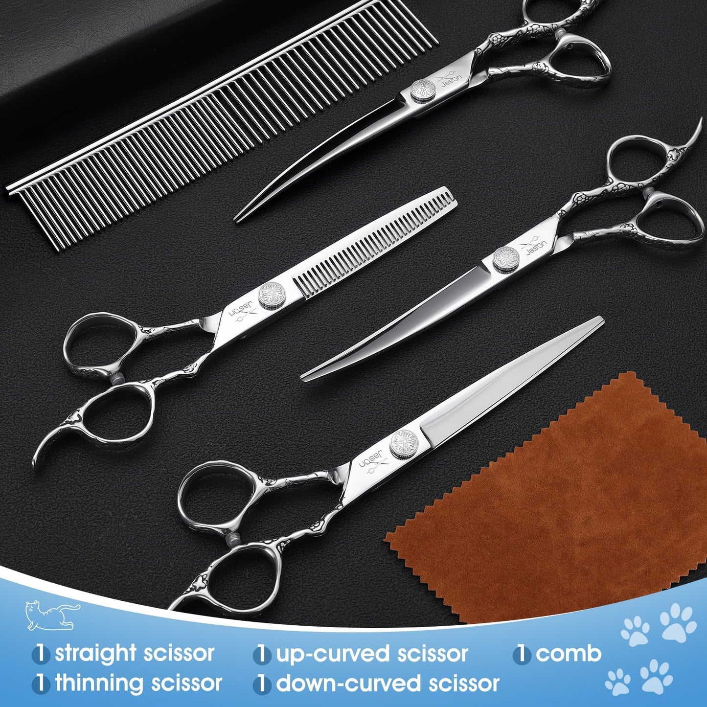 JASON Dog Grooming Scissors Kit, Professional 6 in 1 Dog Scissors Set - 6.5" Thinning, 7" Straight, 7" Up-Curved, 7" Down-curved Shears and Comb for Dog Cat Pet (Silver) Christmas Gift