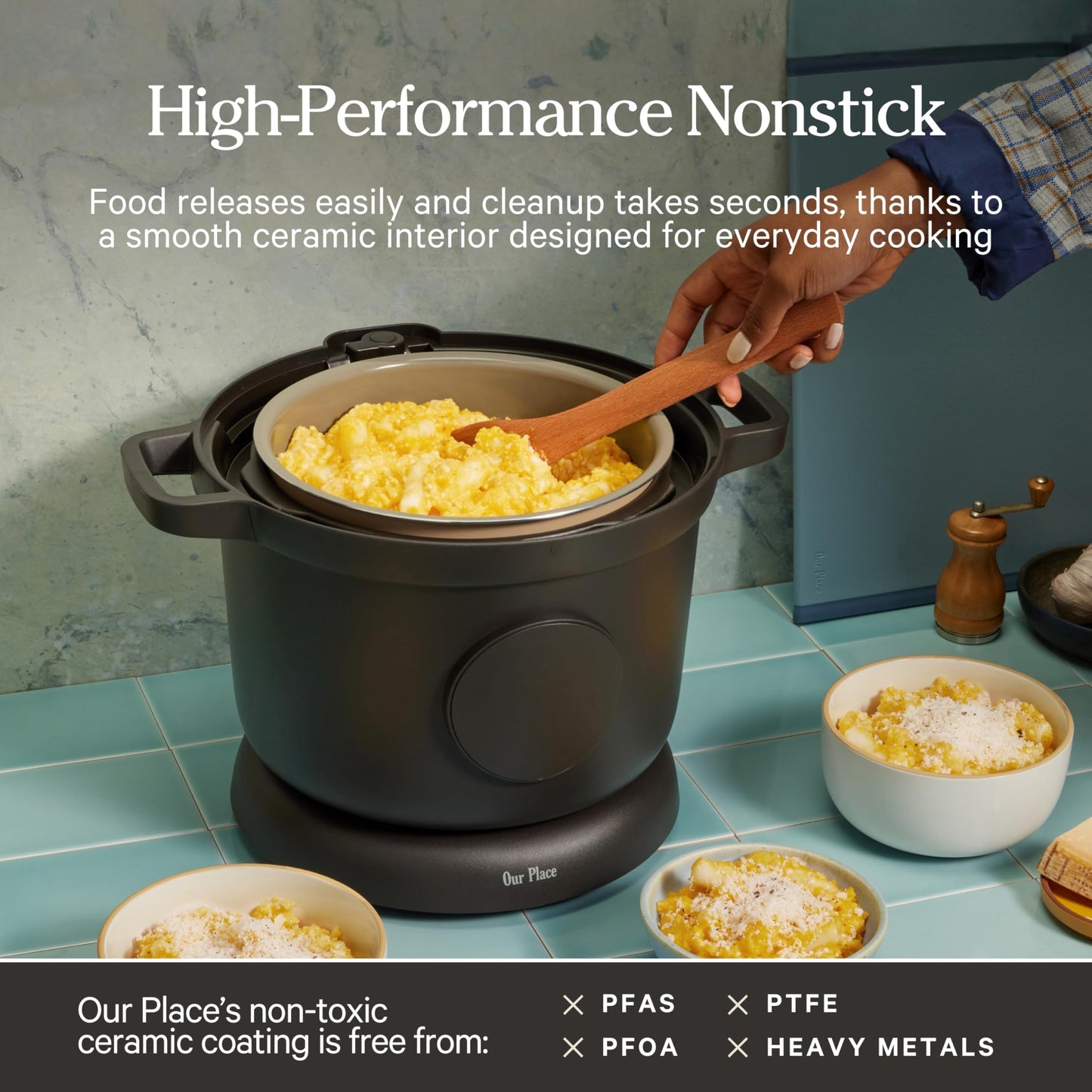 Our Place Dream Cooker | 6 Qt Ceramic Nonstick Multicooker & Pressure Cooker with Touchscreen Controls & Auto Steam Release | 4 Modes: Pressure Cook, Sauté/Sear, Slow Cook & Warm | Blue Salt