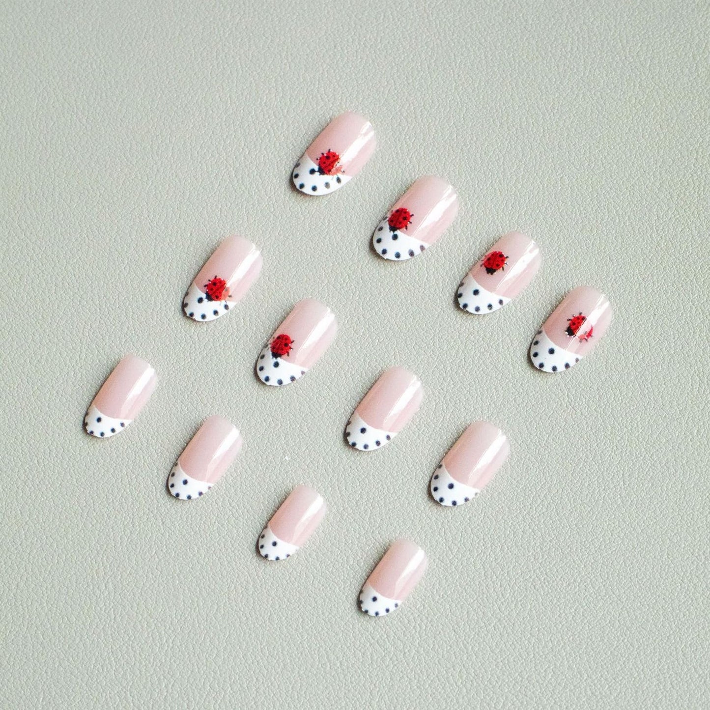 IMSOHOT Press on Nails Short Oval Fake Nails Polka Dot French False Nails with Ladybug Design Glossy Full Cover Acrylic Glue on Nails for Women Girls Manicure 24Pcs