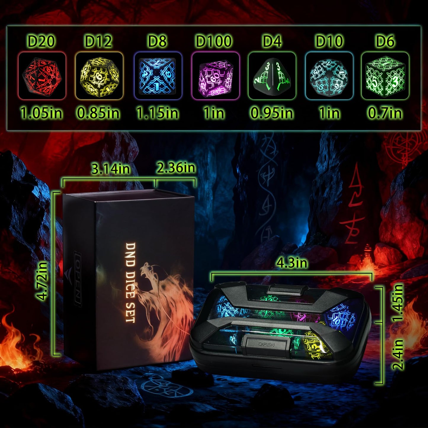 LED Dice with Charging Box，7 PCS RGB Light up Dice for Dungeons and Dragons, Polyhedral DND Dice Set for Tabletop Games Gifts（LL-RGB）