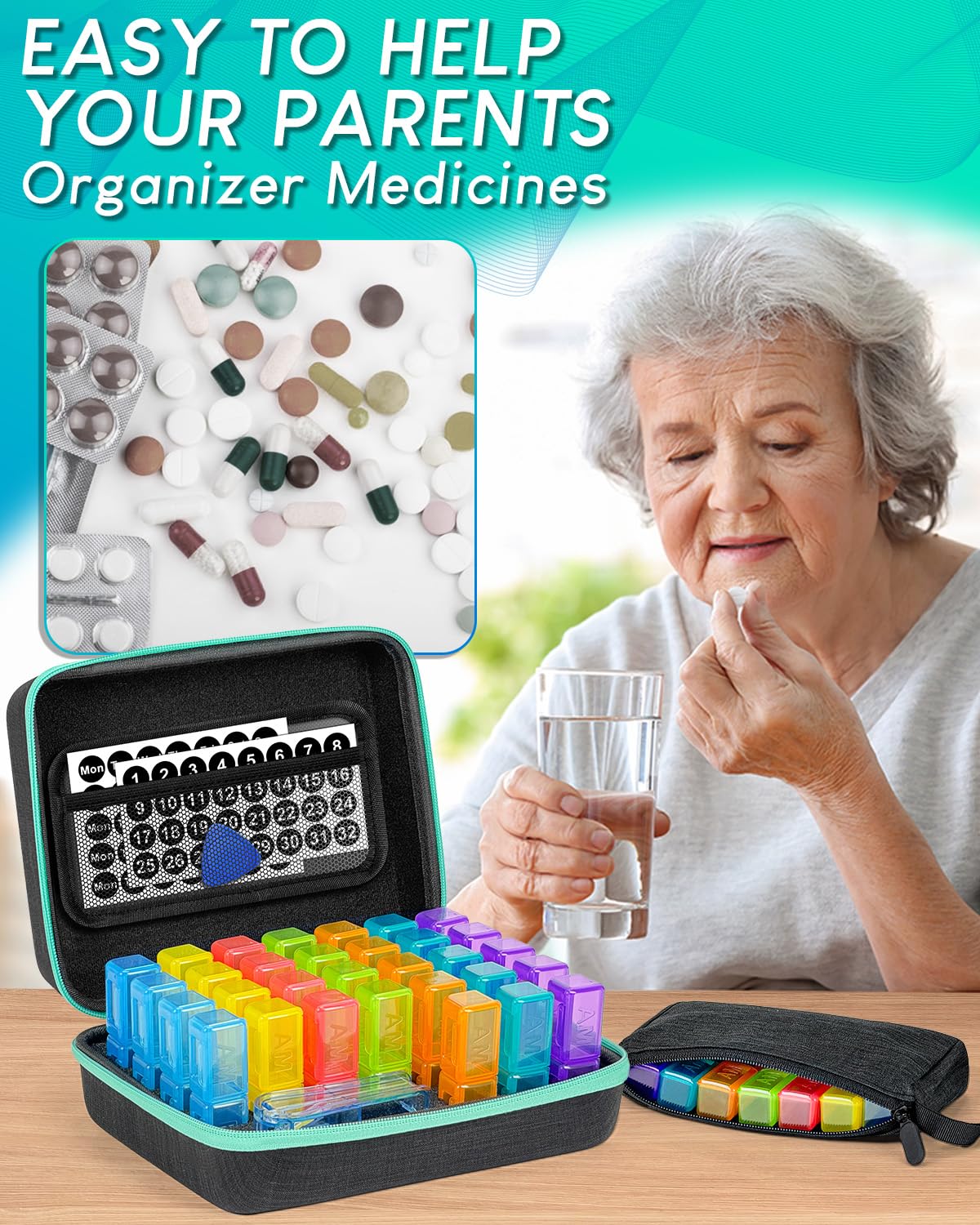 YONLOG Monthly Pill Organizer 2 Times a Day, with Portable Hard Shell, Pill Cutter, 31-Day Box, Plastic Opening Pick, Monthly & Weekly Stickers, Convenient Medication Management (Green, 2 Times a Day)