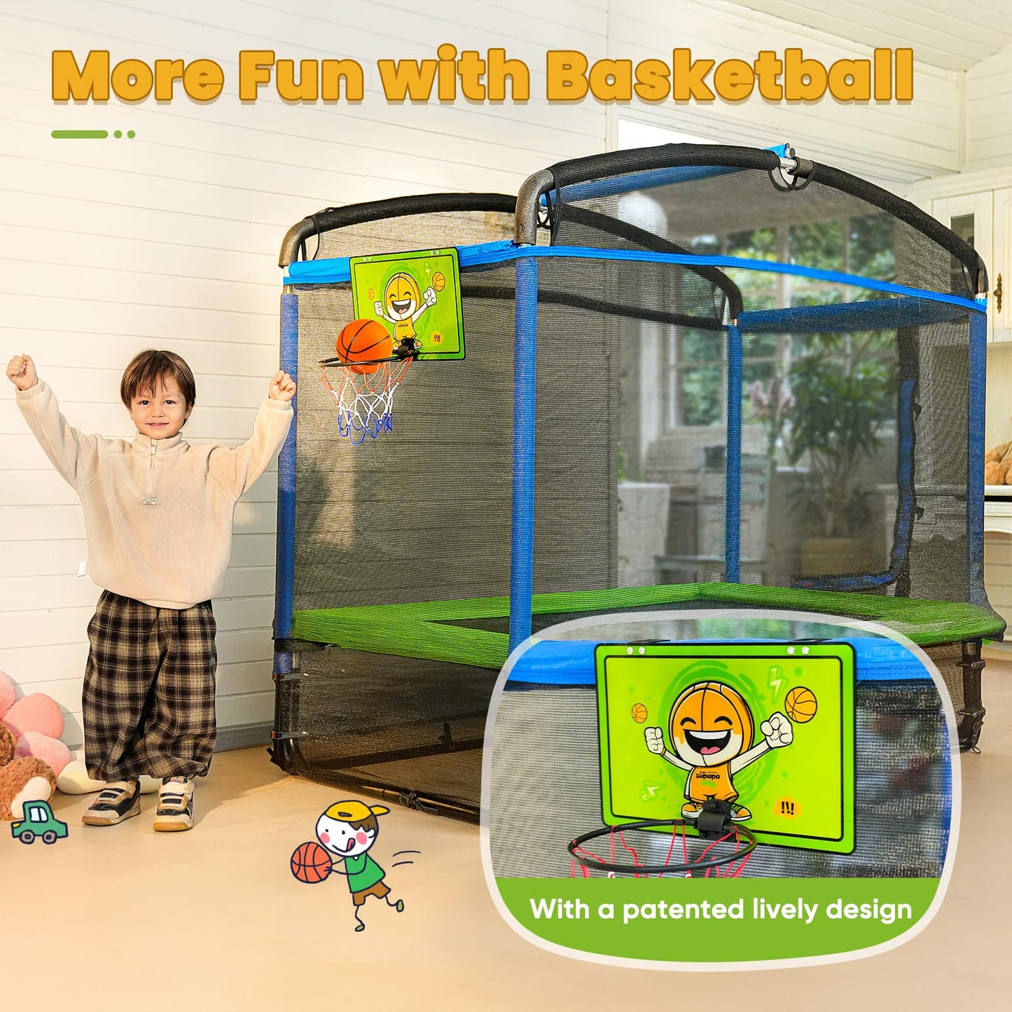 Zupapa 4X6FT Rectangle Trampoline with Basketball Hoop, and Safety Net - Indoor/Outdoor Kids Trampoline for Toddlers Ages 3-6, 220LBS Capacity, Heavy-Duty Galvanized Steel Frame