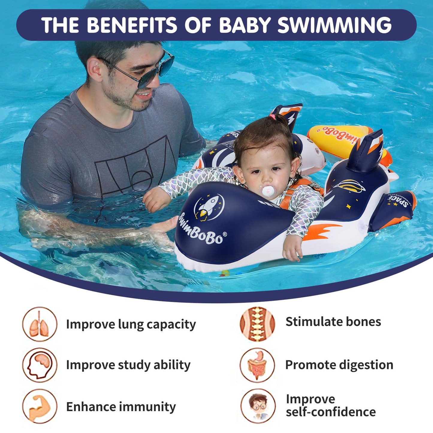 Swimbobo Baby Swimming Float Kids Inflatable Swim Ring with Safety Support Bottom Swimming Pool Accessories for 3-36 Months (Deep Blue Spaceship, Large)