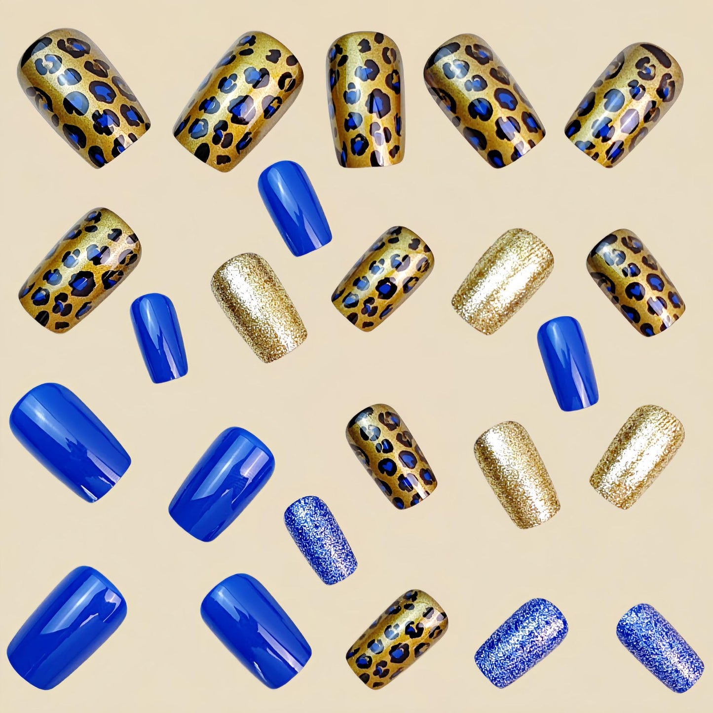 Medium Press on Nails Square Fake Nails with Blue Leopard Print Designs Glossy Acrylic Nail Tips Gold Glitter False Nails Glue on Nails Reusable Full Cover Stick on Nail for Women 24Pcs