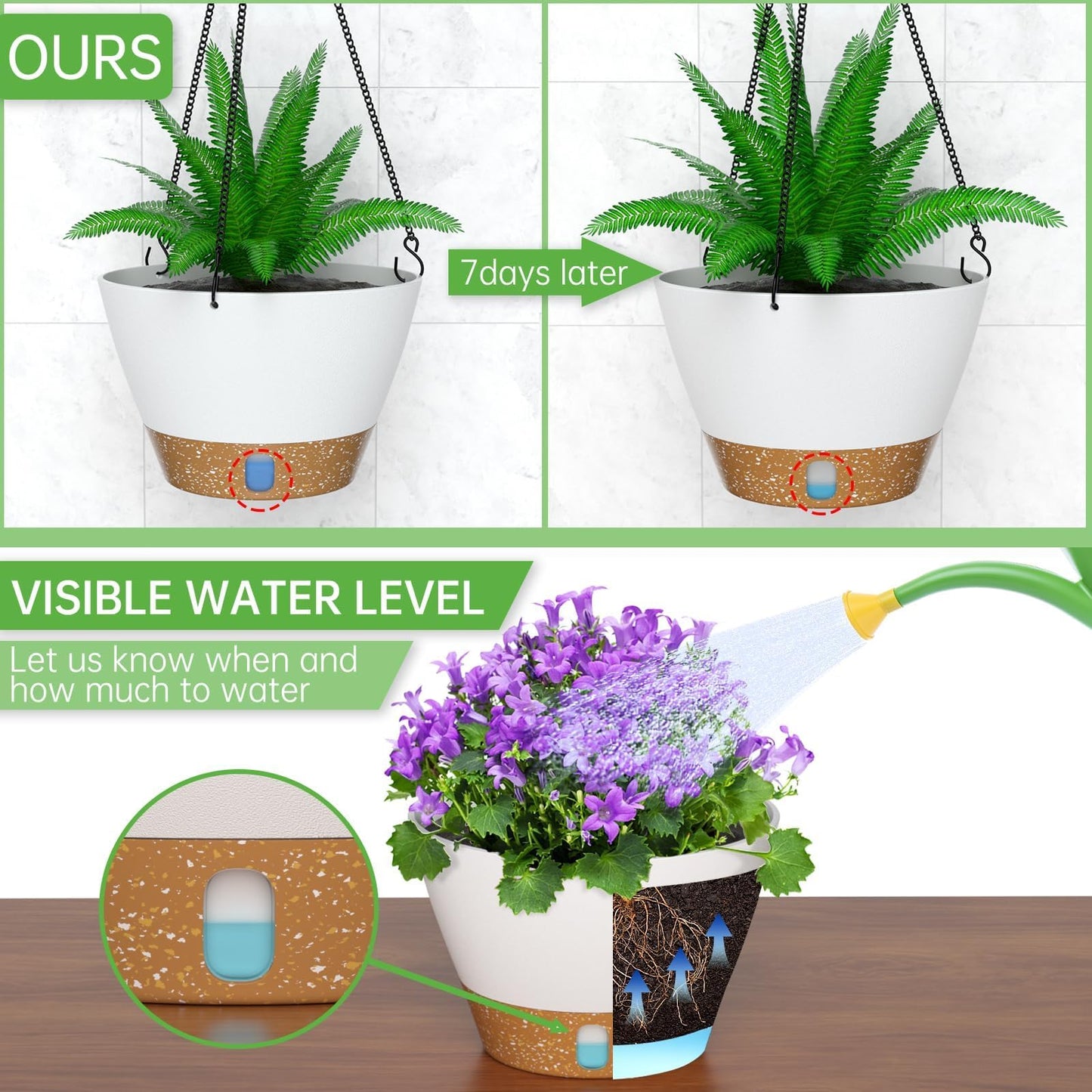 ZMTECH 2 Pack 10 Inch Hanging Planters for Indoor Plants, Modern White Hanging Planter with Visible Water Level Window & Metal Chain, Decorative Plant Hanger Indoor for Spring Balcony Decor