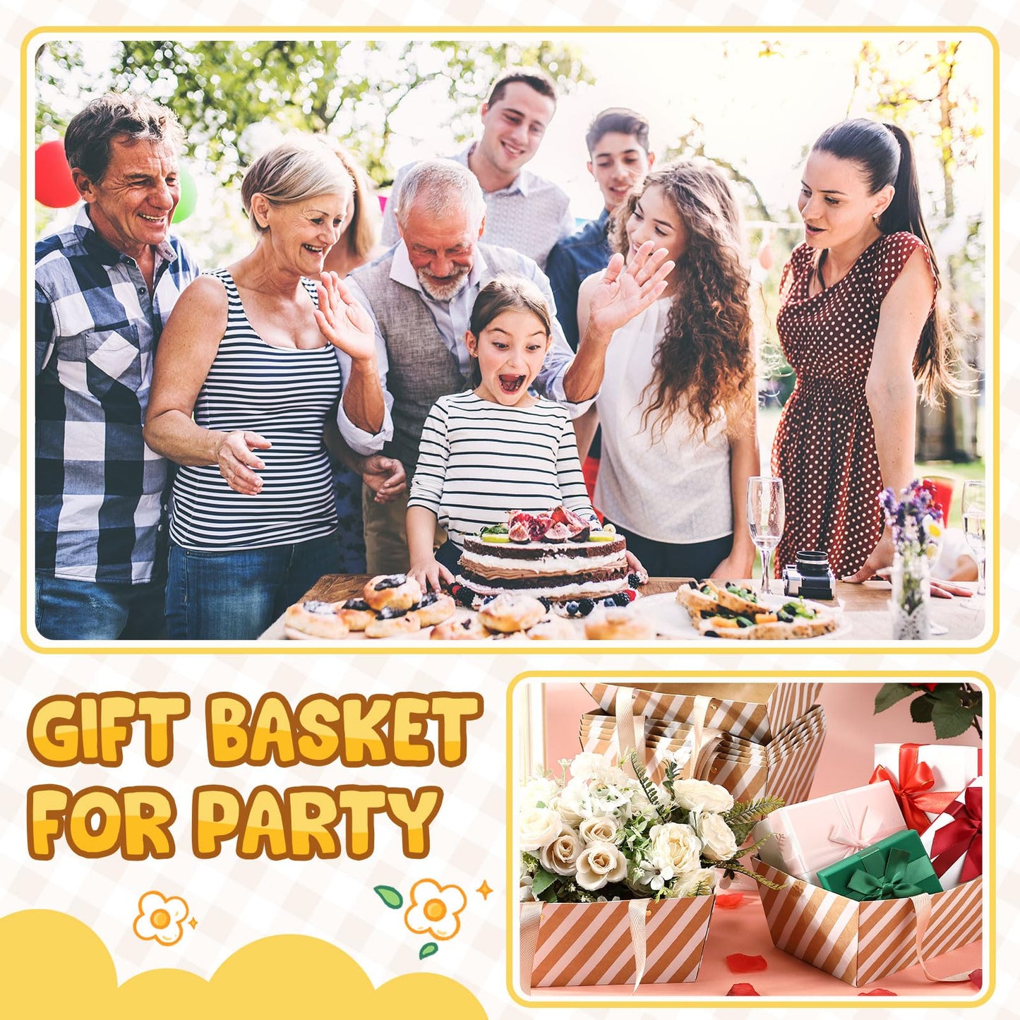 Pinkunn 48 Pcs Basket for Gifts Empty DIY Bulk Party Gift Basket Kit with Handles Market Trays for Packages Wrapping Wedding Party Anniversary Display(Stripes)