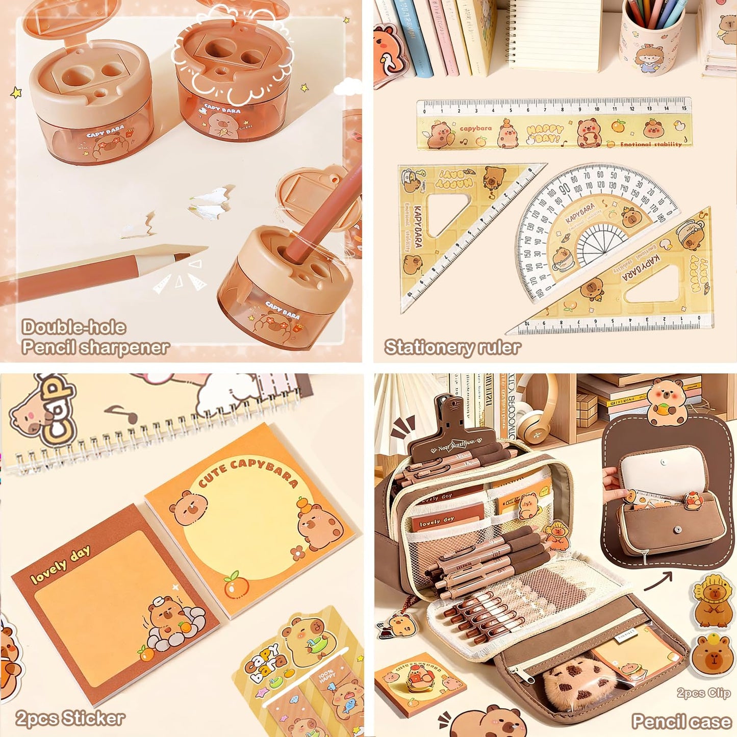 DHUENIOPE Capybara Gifts with Capybara Themed Tote Bag and Stationery Set Pencil Case Sticky Notes Ballpoint Pens Spiral Notebooks Sharpener, Highlighters, Ruler, Eraser for Rewards Birthdays Gift