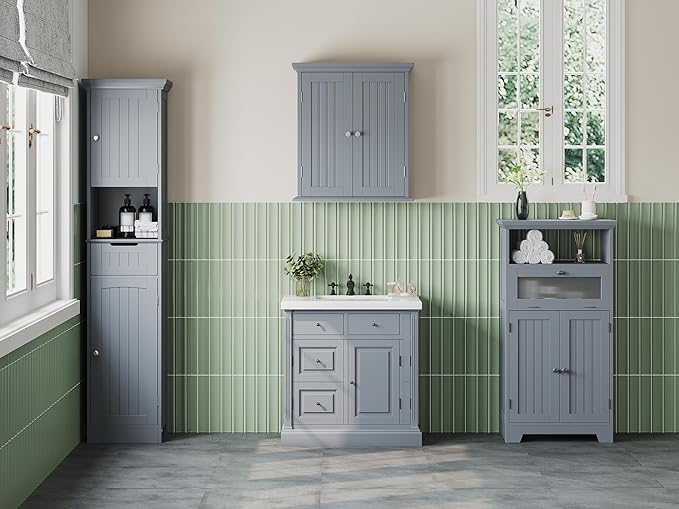 ChooChoo Bathroom Floor Storage Cabinet with Flip Glass Drawer, Bathroom Cabinets Freestanding with 2 Doors Adjustable Shelf & 1 Open Storage for Bathrooms, Living Room, Hallway, Grey