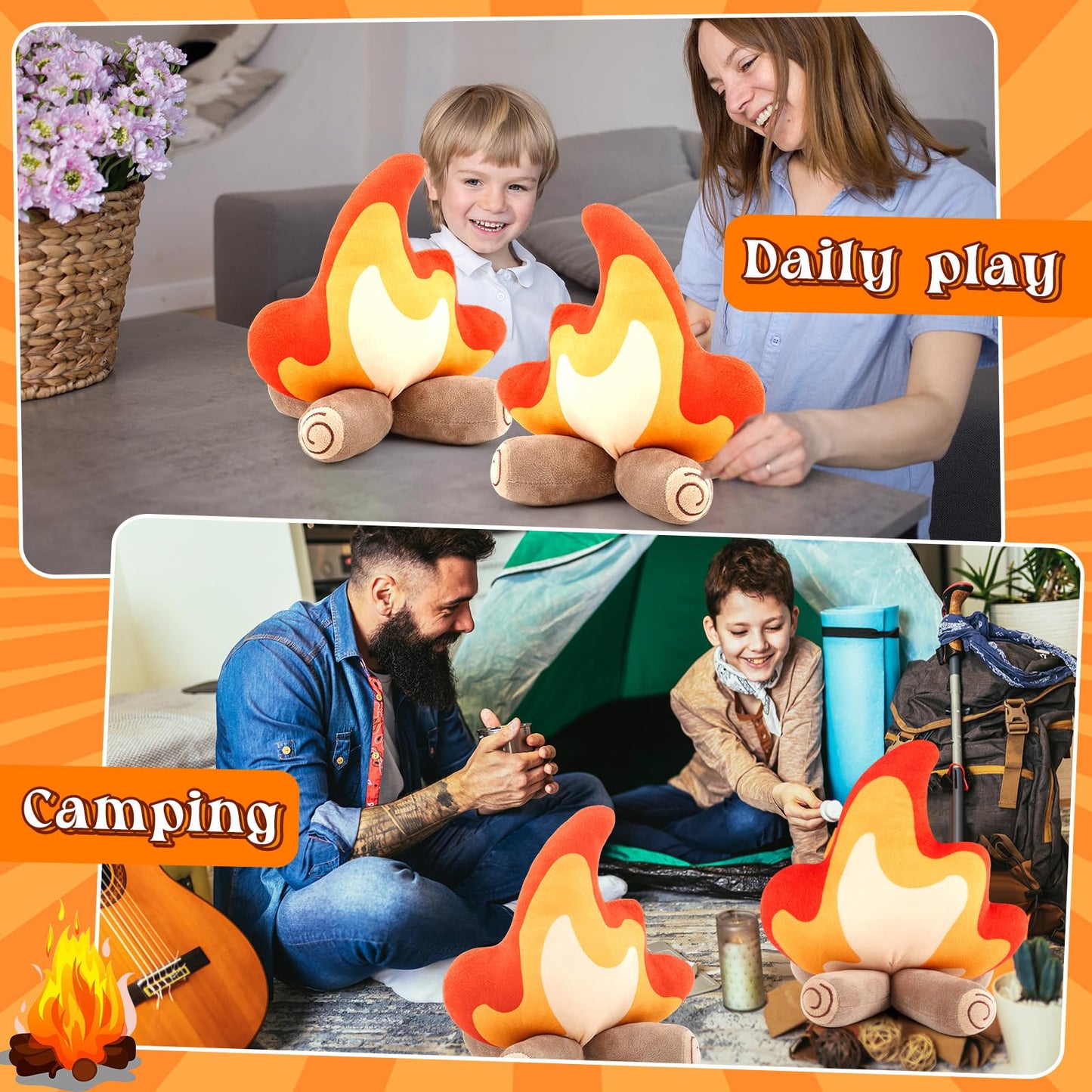 PullCrease 4 Pack Campfire Plush Toys Fake Fire Firewood Plush Pillow for Camping S'More Birthday Party Scene Setting Room Decoration and Woodland Forest Nursery Classroom Decor