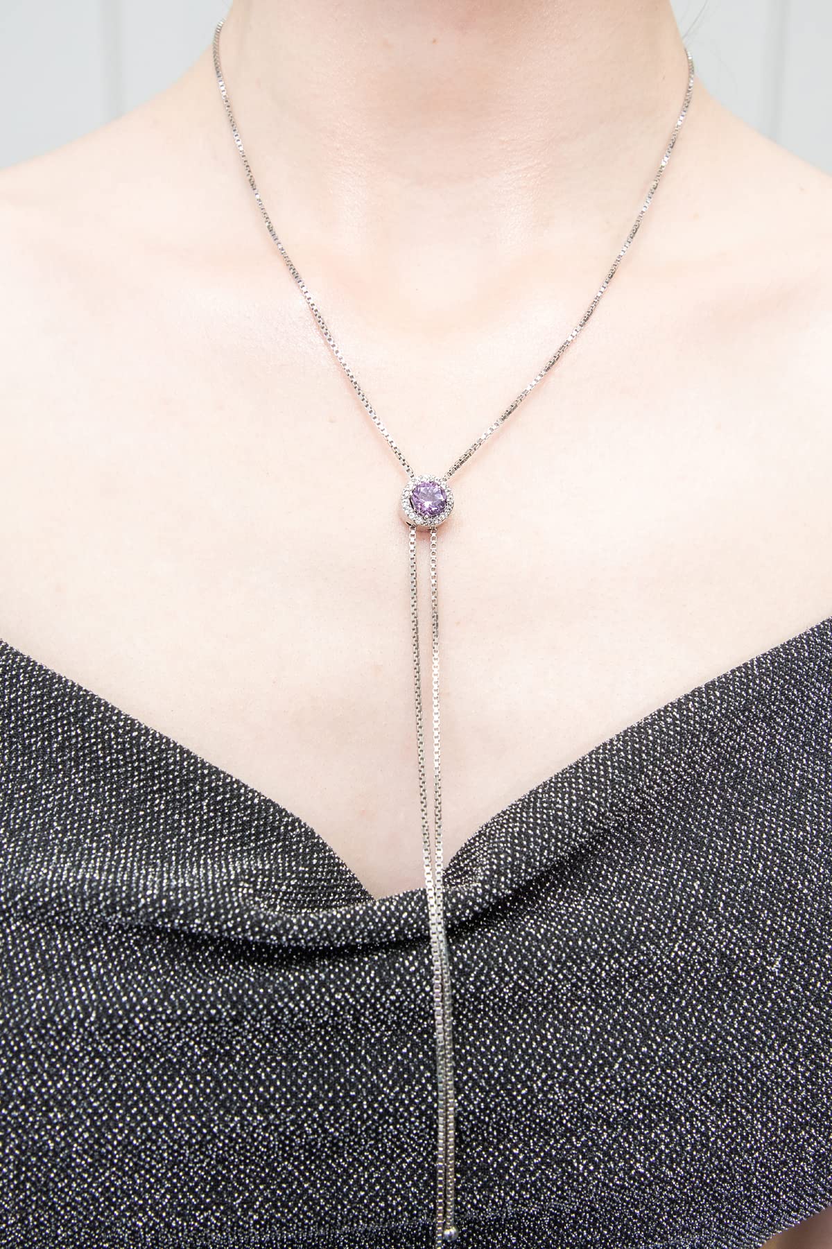 GemStar USA Sterling Silver Amethyst and White Topaz Round Halo Drop Adjustable Lariat Necklace