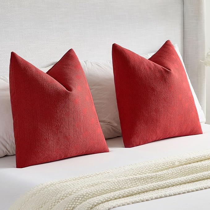 FUTEI Christmas Red Chenille Decorative Throw Pillow Covers 20x20 Inch Set of 2,Soft Cozy Striped Geometric Patterns Cushion Cases,Modern Home Decor for Couch Bed Living Room