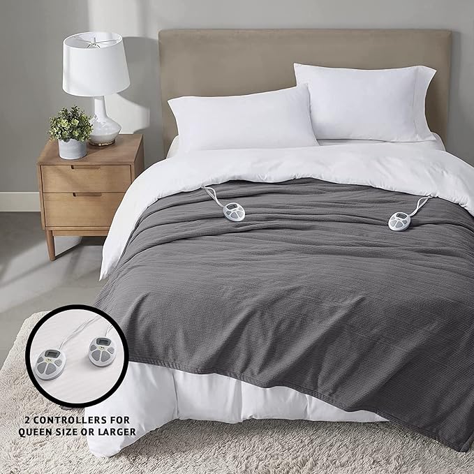 Serta Travis Fleece Ultra Soft Tri-Rib Textured Electric Blanket, Cozy and Snuggly Cover Fast Heating for Cold Weather, Auto Shut Off, Multi Heat Setting Controller, King, Charcoal