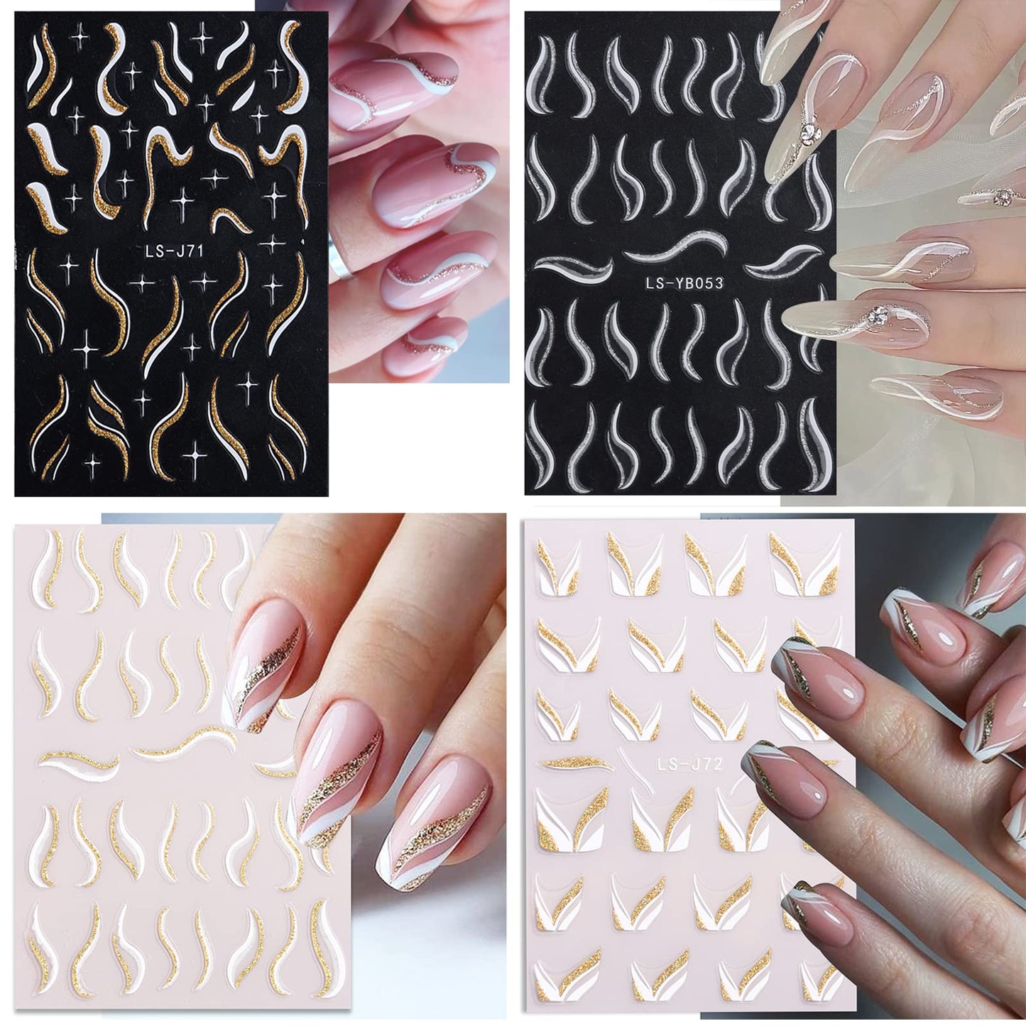 French Shining Line Nail Art Stickers - Gold Metal Curve Wavy Stripe Decals, 3D Glitter Lines, DIY Nail Manicure Decoration for Women