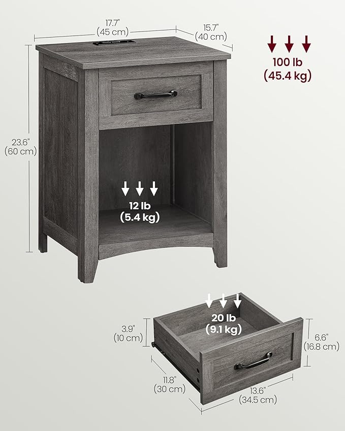 VASAGLE LIRY Collection - Farmhouse Nightstand with Charging Station, Bedside Table, Side Table with Drawer, Open Compartment, for Bedroom, Misty Gray ULET659G68