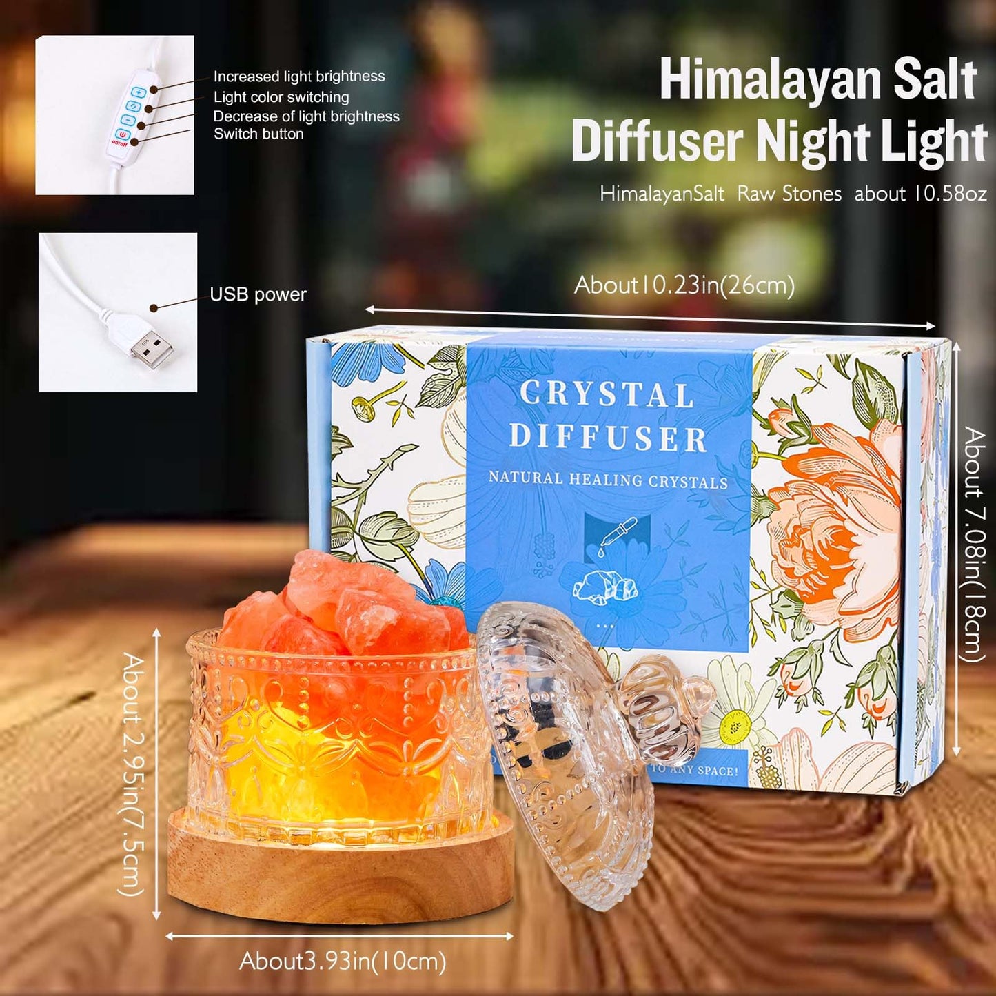 Runyangshi Himalayan Salt Lamp Night Light - Natural Crystal Stones, 3 Lighting Modes with 10 Brightness Levels, Kid & Pet Friendly Design, USB Powered, Ideal for Home and Decor & Gift